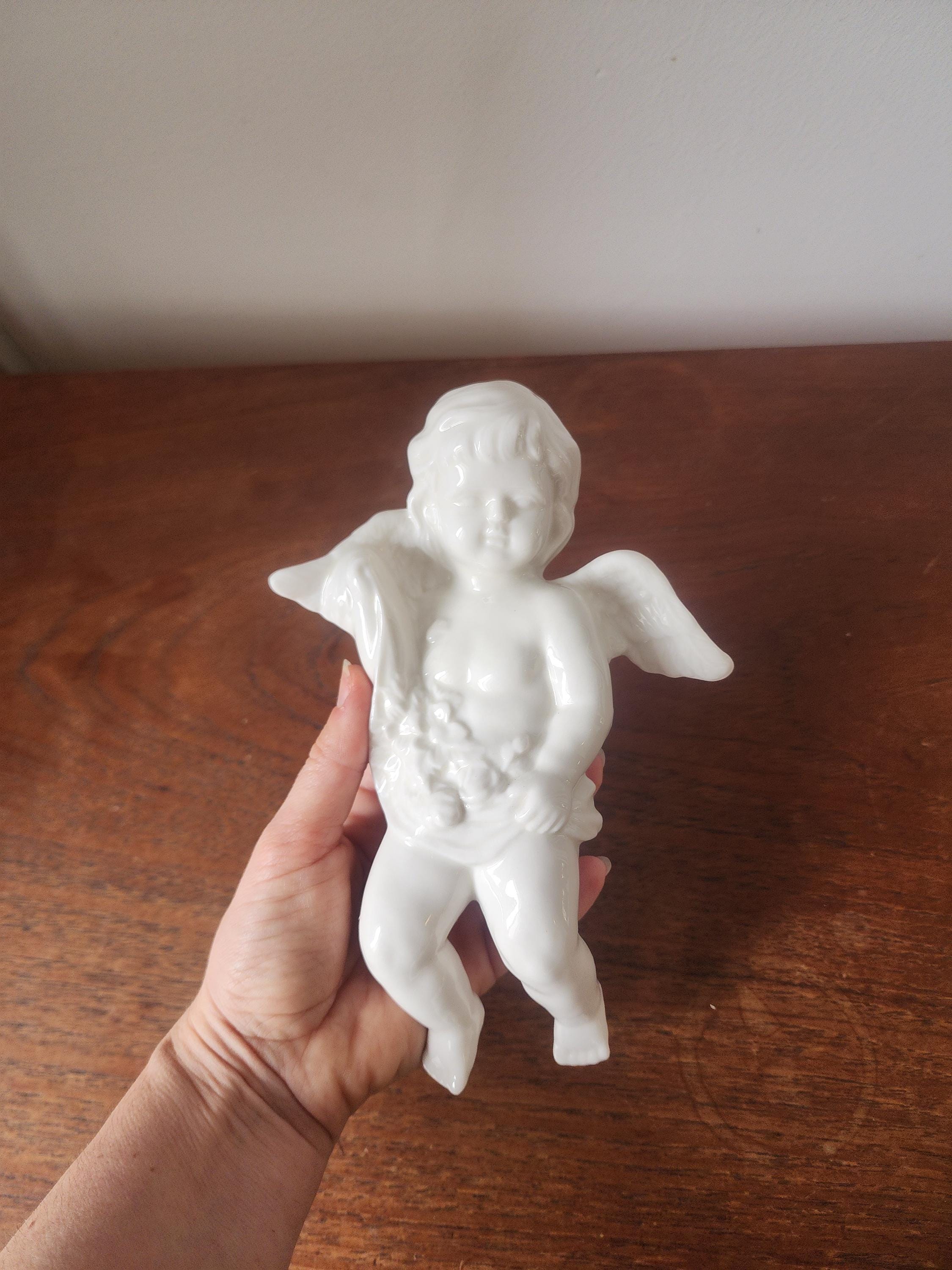 Vintage White Porcelain Cherub Figurine, Angel Putti Statue, Classical Decorative Sculpture, Romantic European Decor