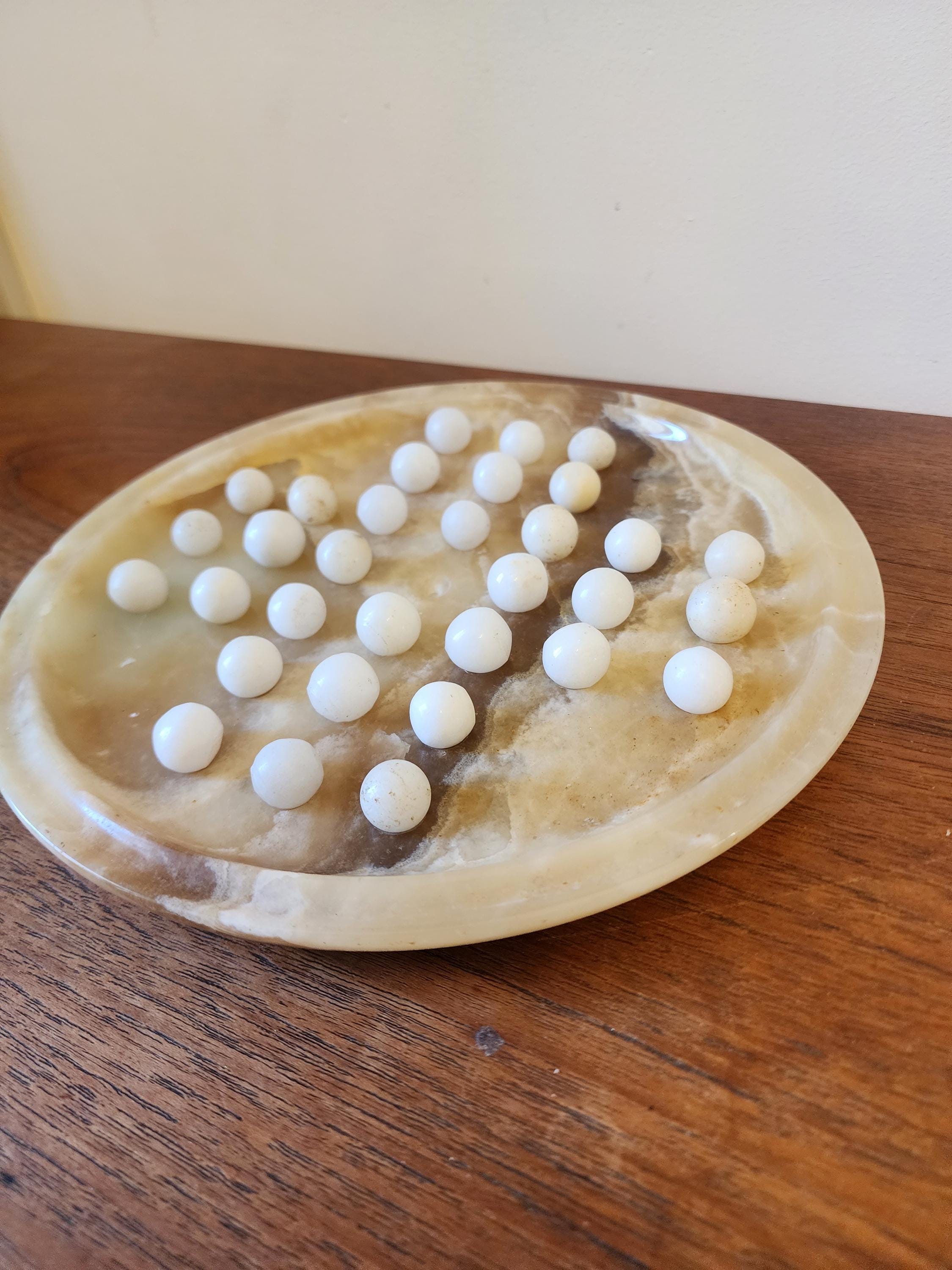 Vintage Onyx Marble Solitaire Board Game | Mid Century Stone Peg Solitaire | Natural Stone Puzzle Decor