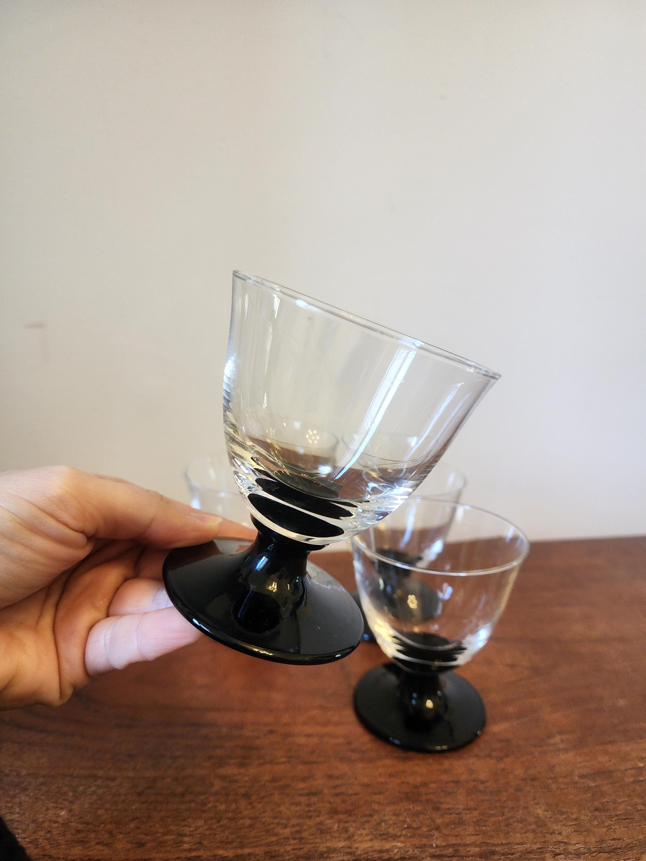 Set of 4 French Vintage Black Base Dessert Glasses, Mid Century Small Coupes, Liqueur or Sundae Glass Set, Retro Barware Decor