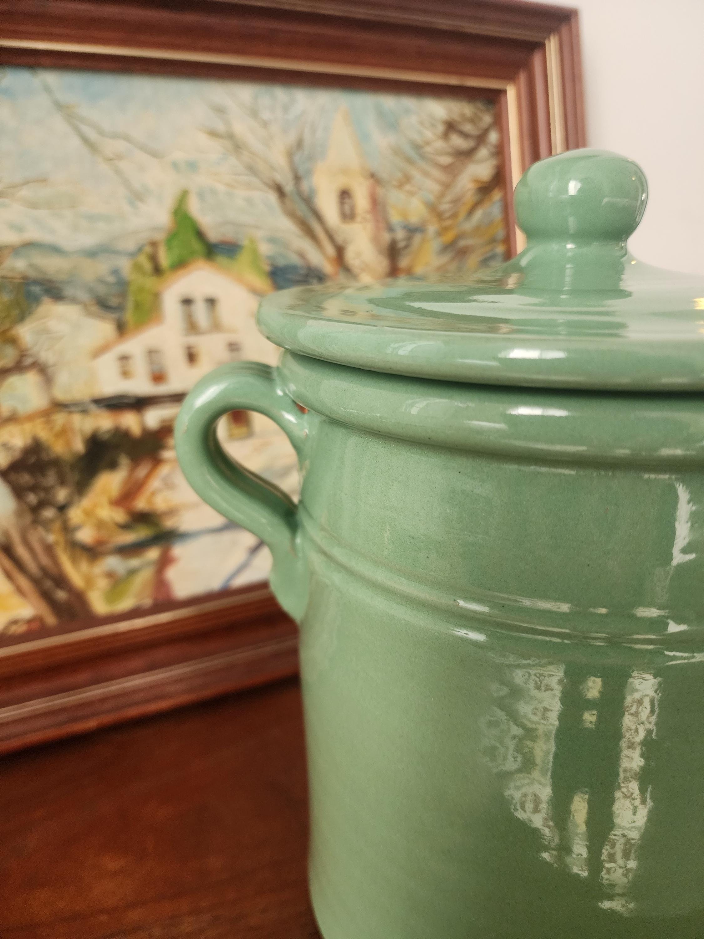 Lamas Italy Green Ceramic Jar, Vintage Italian Stoneware Pot with Lid, Glazed Kitchen Storage, Midcentury Pottery Decor