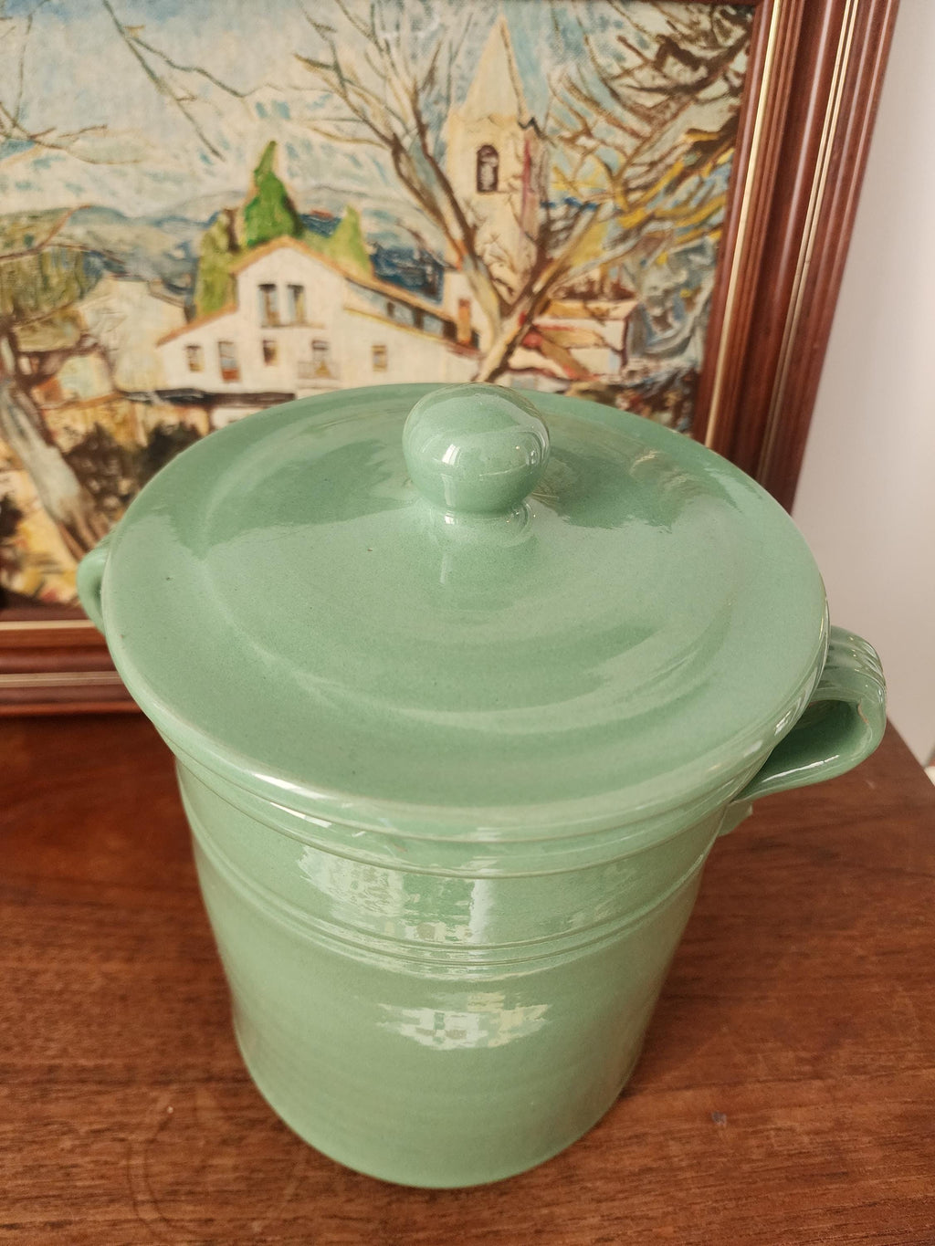 Lamas Italy Green Ceramic Jar, Vintage Italian Stoneware Pot with Lid, Glazed Kitchen Storage, Midcentury Pottery Decor