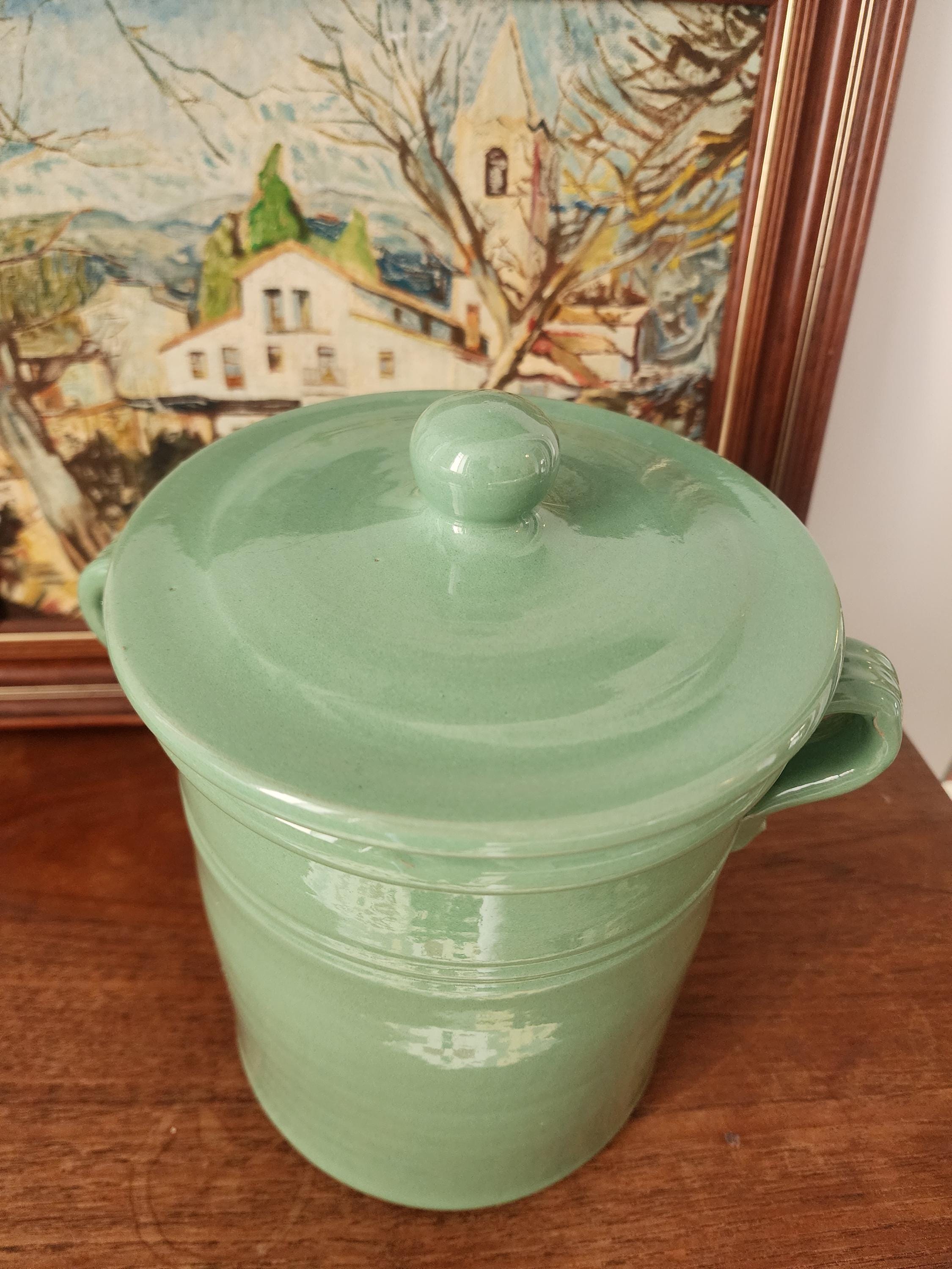 Lamas Italy Green Ceramic Jar, Vintage Italian Stoneware Pot with Lid, Glazed Kitchen Storage, Midcentury Pottery Decor