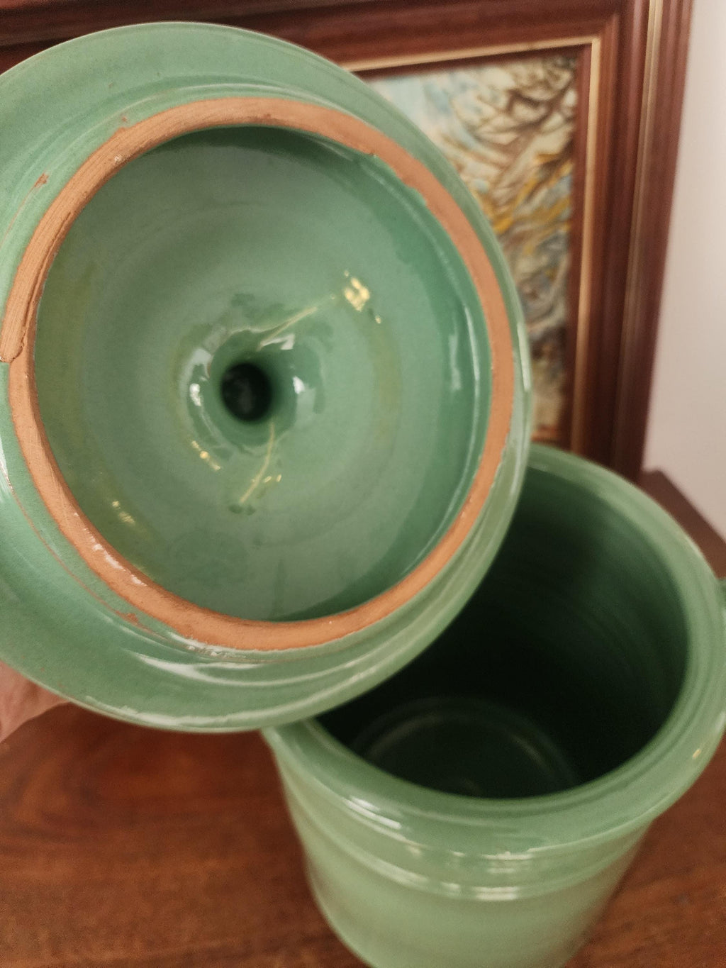 Lamas Italy Green Ceramic Jar, Vintage Italian Stoneware Pot with Lid, Glazed Kitchen Storage, Midcentury Pottery Decor