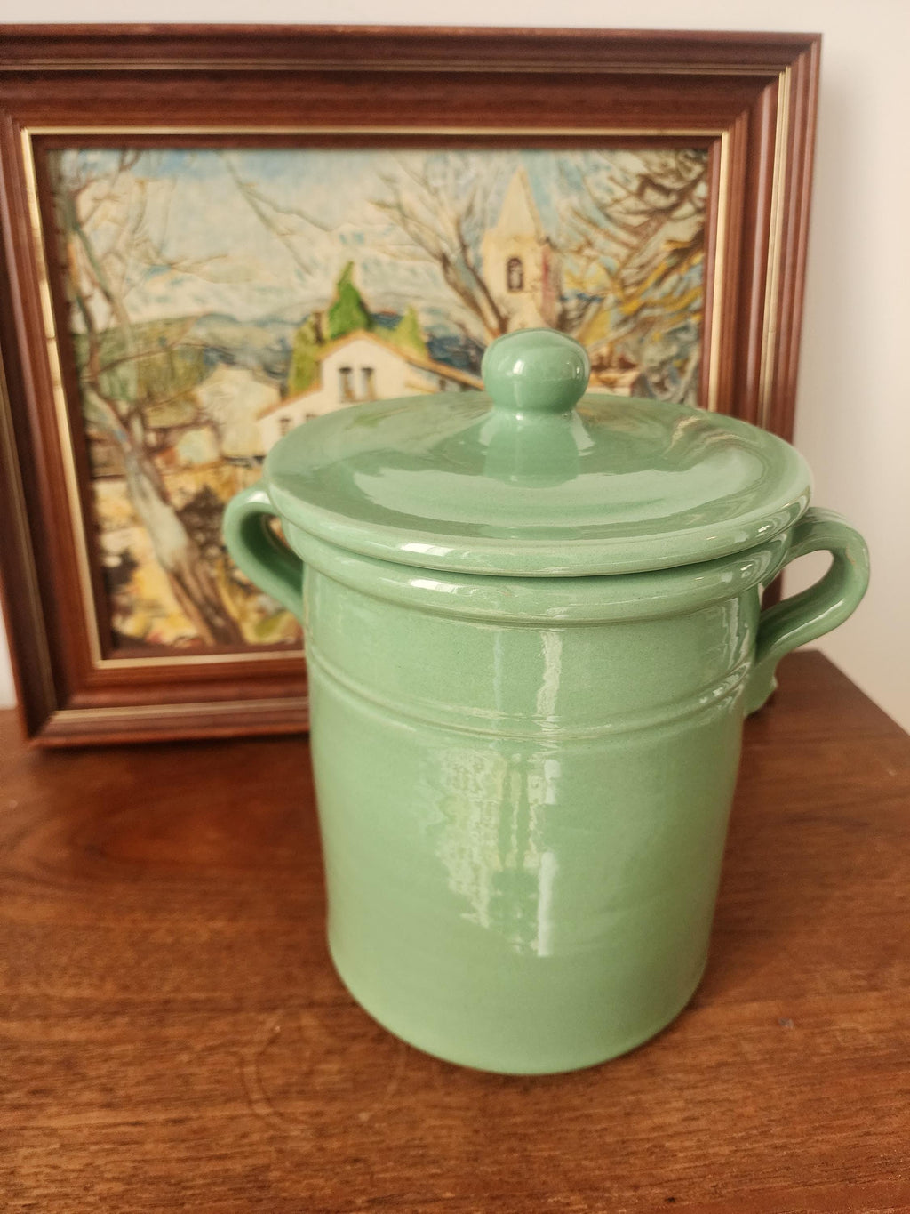Lamas Italy Green Ceramic Jar, Vintage Italian Stoneware Pot with Lid, Glazed Kitchen Storage, Midcentury Pottery Decor