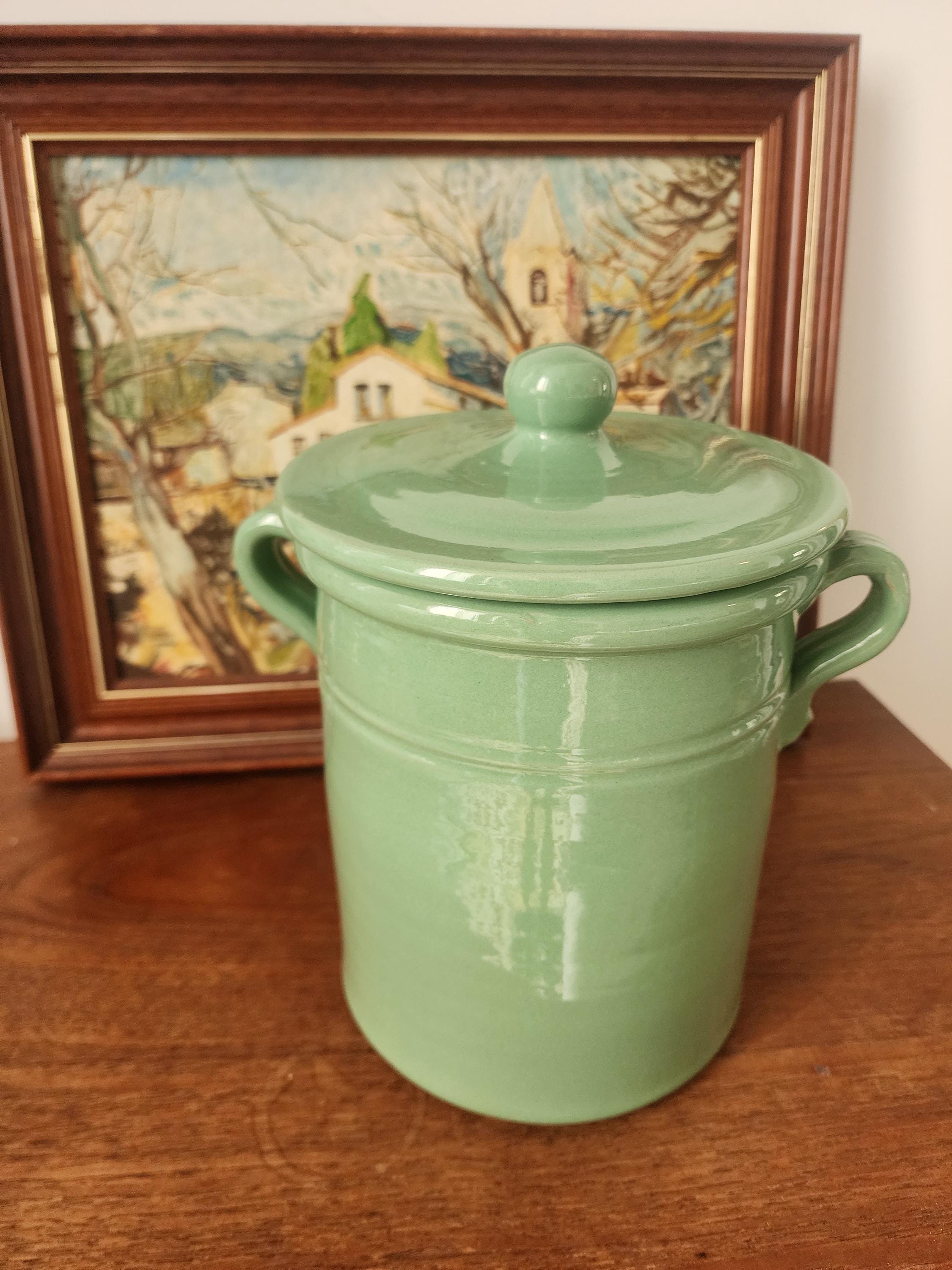 Lamas Italy Green Ceramic Jar, Vintage Italian Stoneware Pot with Lid, Glazed Kitchen Storage, Midcentury Pottery Decor