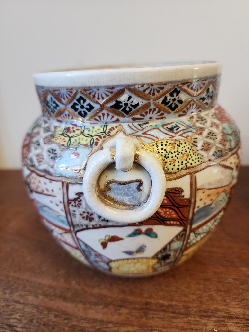 Pair of Japanese Satsuma Jars, Hand Painted Kutani Style Pottery, Vintage Oriental Vases with Handles, Signed Gilded Decor