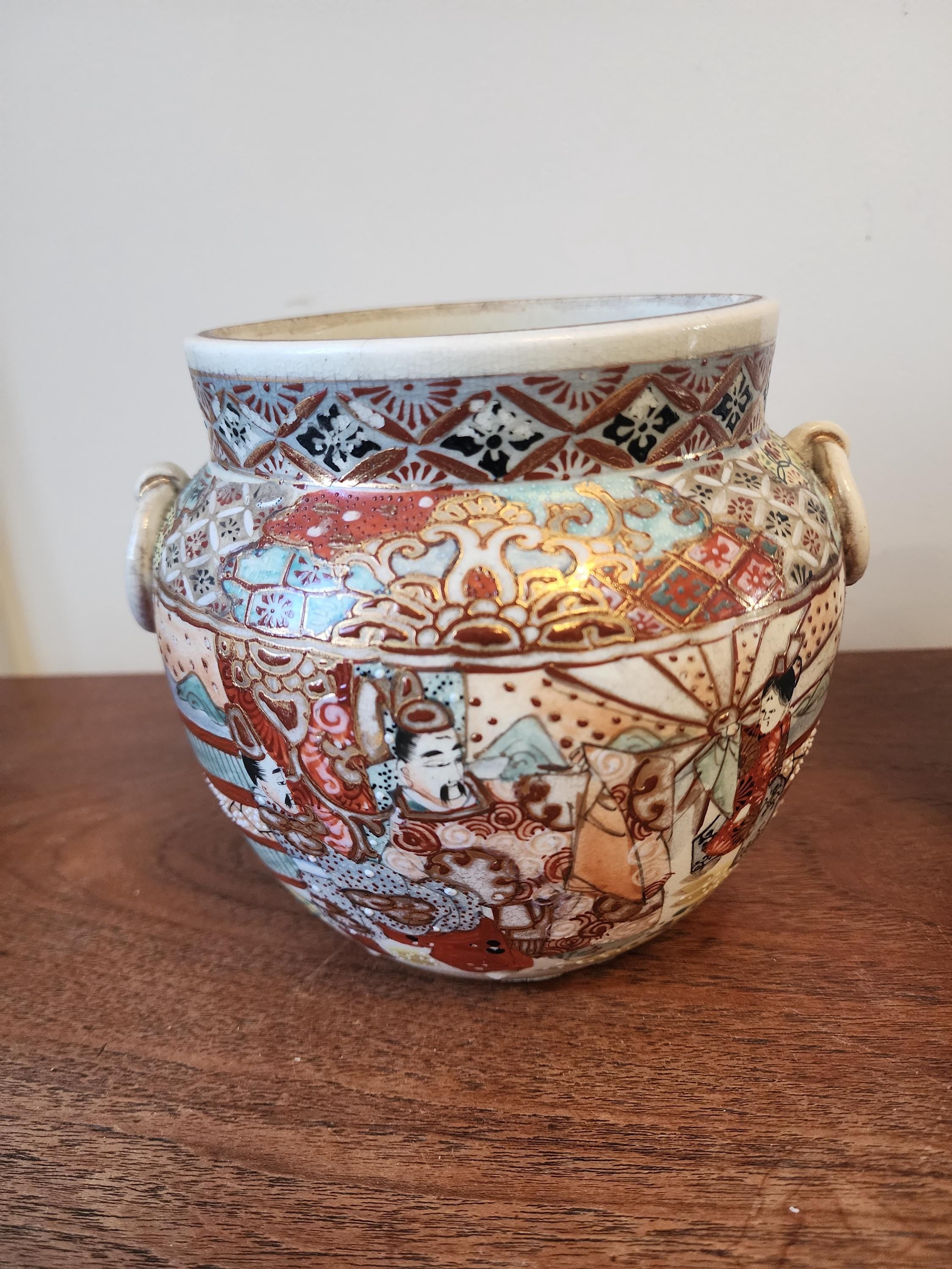 Pair of Japanese Satsuma Jars, Hand Painted Kutani Style Pottery, Vintage Oriental Vases with Handles, Signed Gilded Decor
