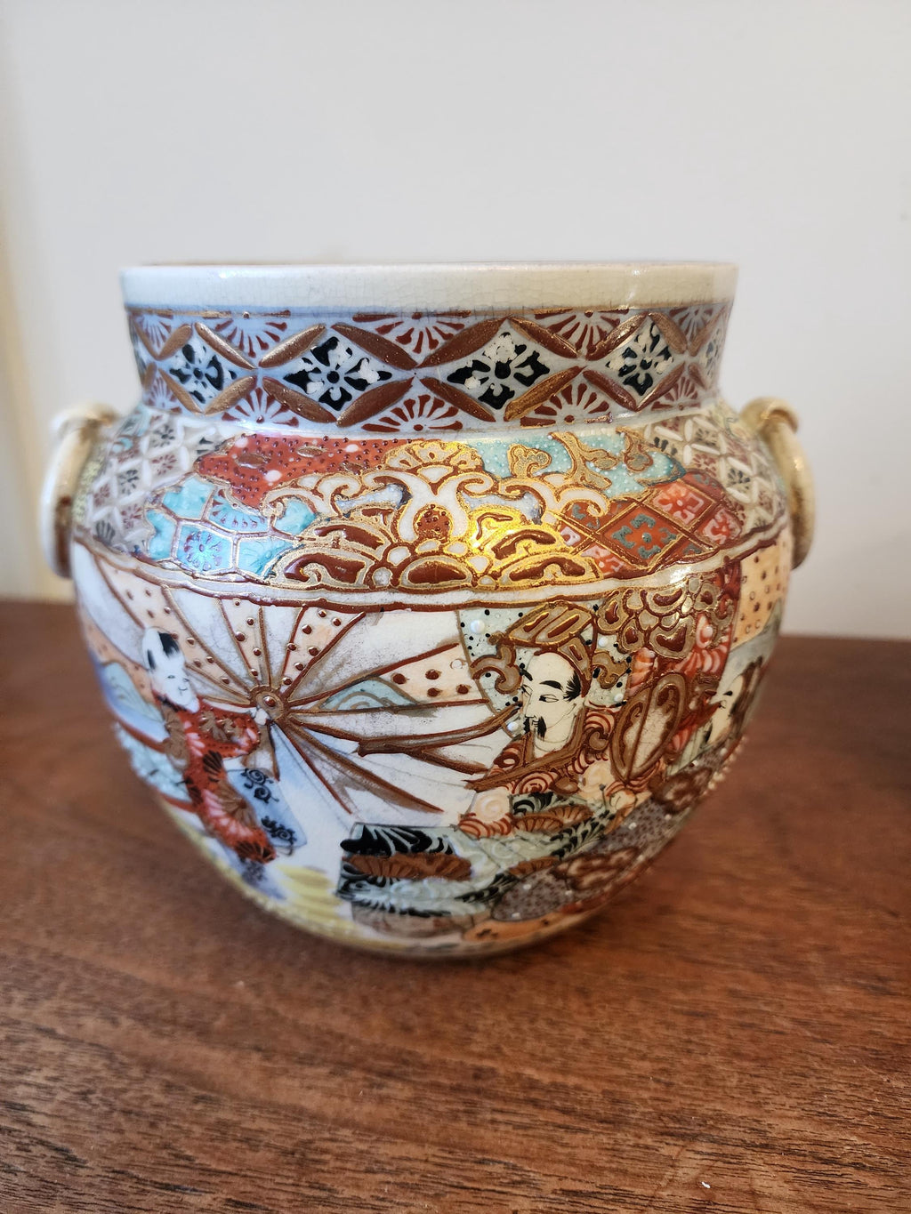 Pair of Japanese Satsuma Jars, Hand Painted Kutani Style Pottery, Vintage Oriental Vases with Handles, Signed Gilded Decor