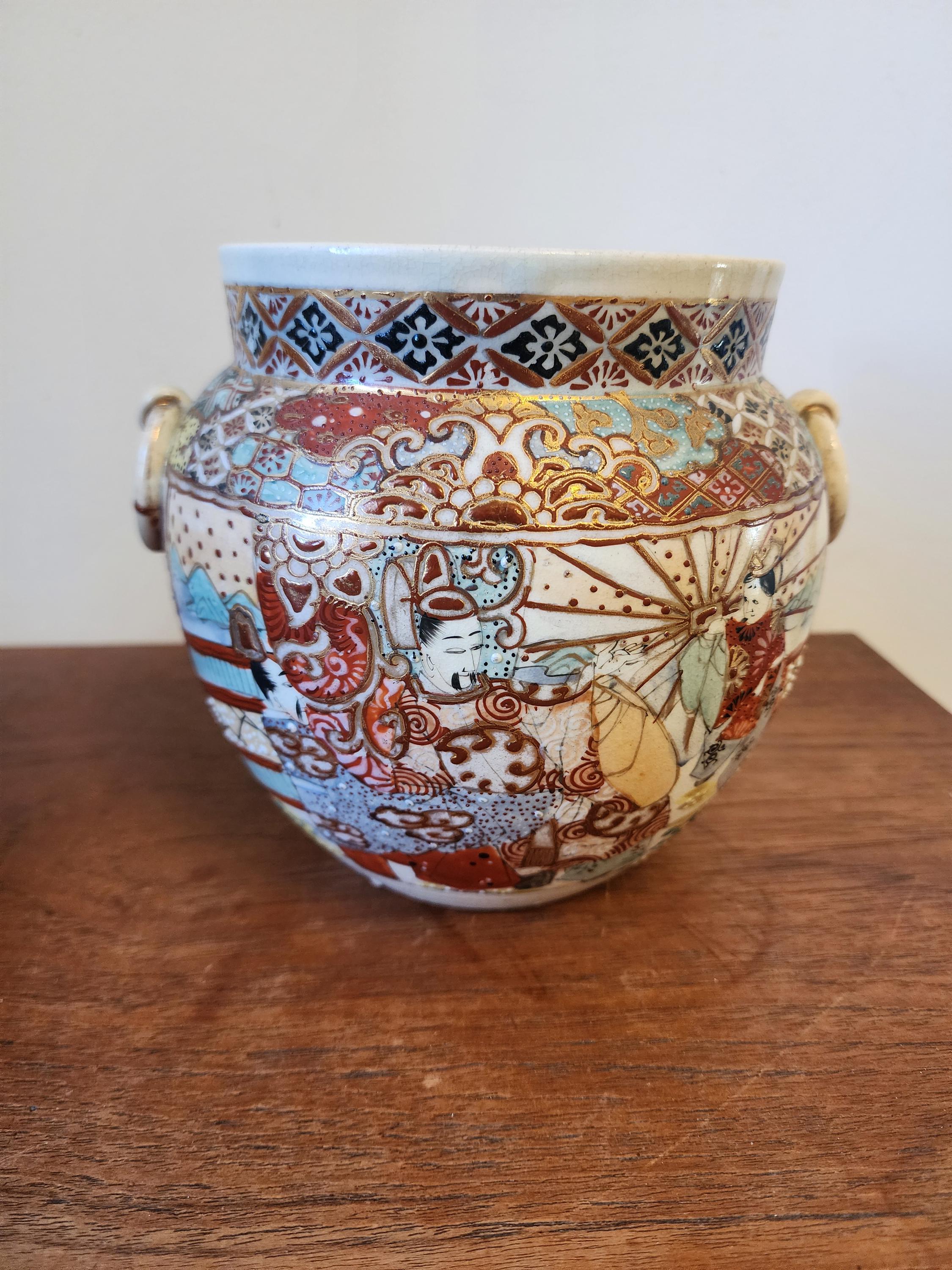 Pair of Japanese Satsuma Jars, Hand Painted Kutani Style Pottery, Vintage Oriental Vases with Handles, Signed Gilded Decor