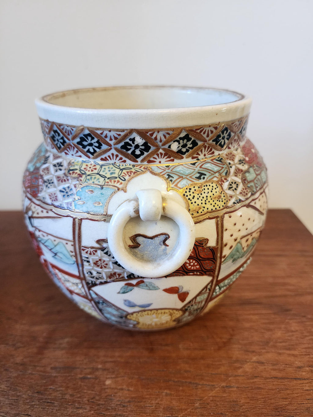 Pair of Japanese Satsuma Jars, Hand Painted Kutani Style Pottery, Vintage Oriental Vases with Handles, Signed Gilded Decor