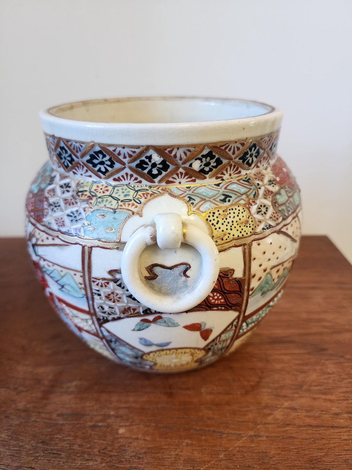Pair of Japanese Satsuma Jars, Hand Painted Kutani Style Pottery, Vintage Oriental Vases with Handles, Signed Gilded Decor
