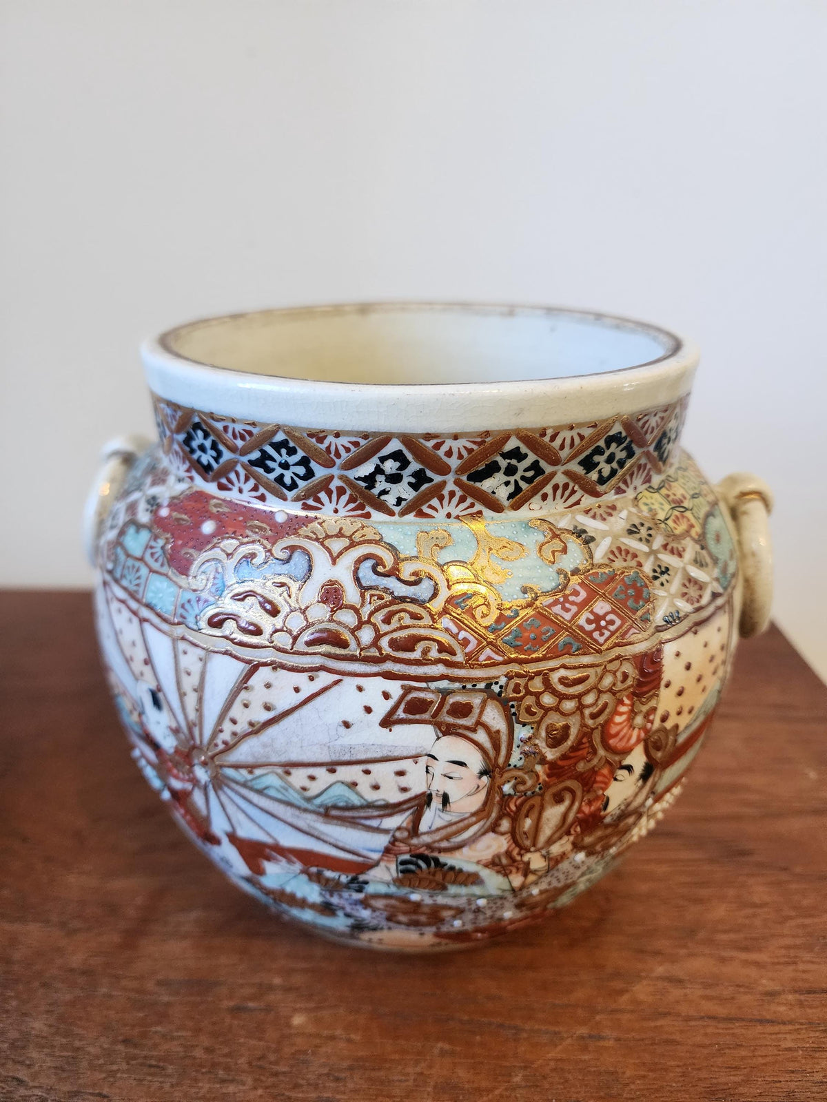 Pair of Japanese Satsuma Jars, Hand Painted Kutani Style Pottery, Vintage Oriental Vases with Handles, Signed Gilded Decor