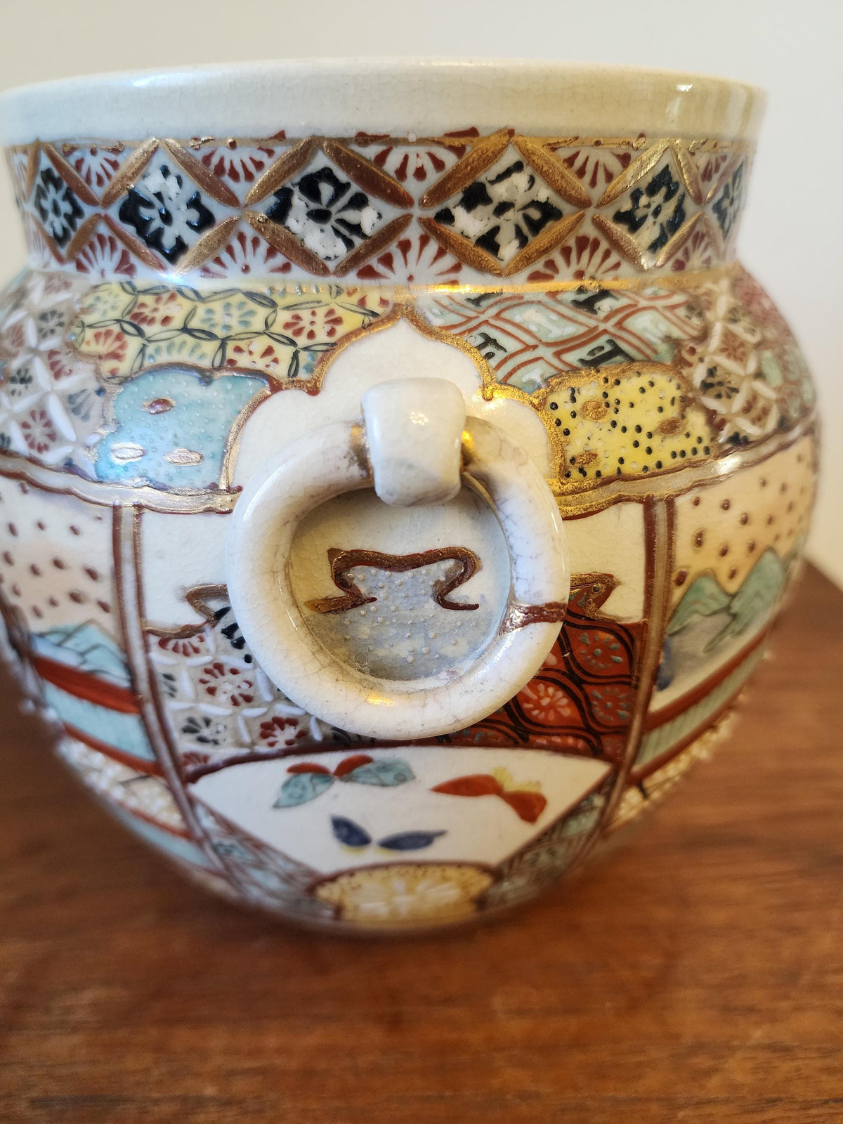 Pair of Japanese Satsuma Jars, Hand Painted Kutani Style Pottery, Vintage Oriental Vases with Handles, Signed Gilded Decor