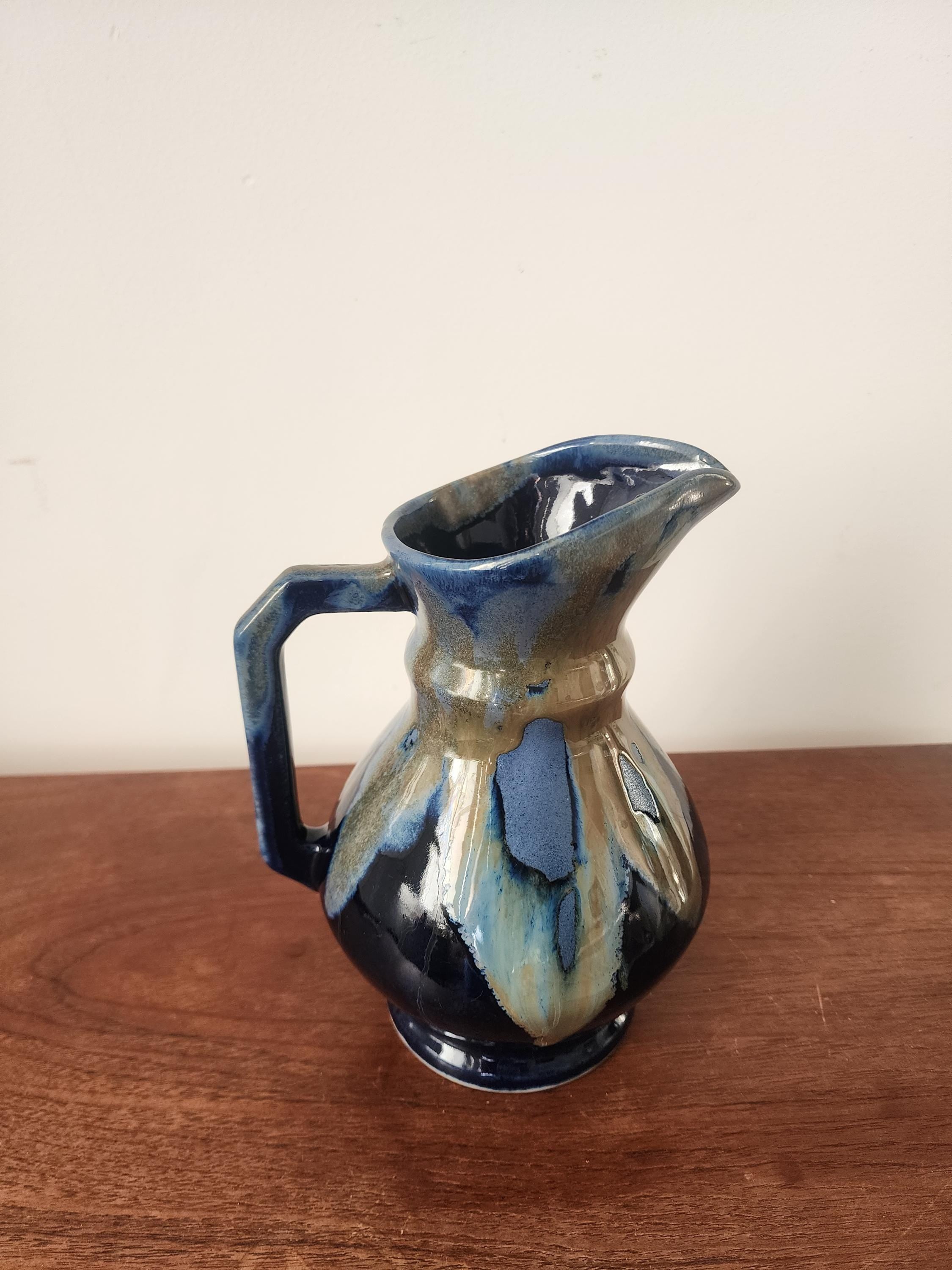 Vintage Studio Pottery Jug Vase, Blue Drip Glaze Ceramic Pitcher, Handmade Stoneware Creamer, Rustic Table Decor