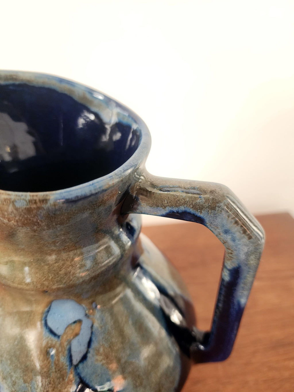 Vintage Studio Pottery Jug Vase, Blue Drip Glaze Ceramic Pitcher, Handmade Stoneware Creamer, Rustic Table Decor