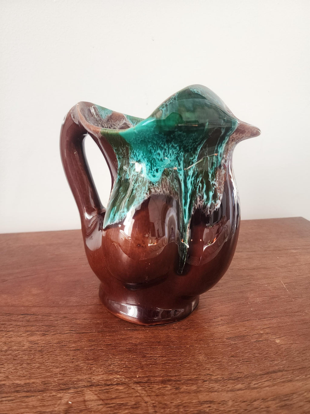 Vintage Studio Pottery Jug Vase, Green Drip Glaze Ceramic Pitcher, Handmade Stoneware Jug, Rustic Mid Century Decor