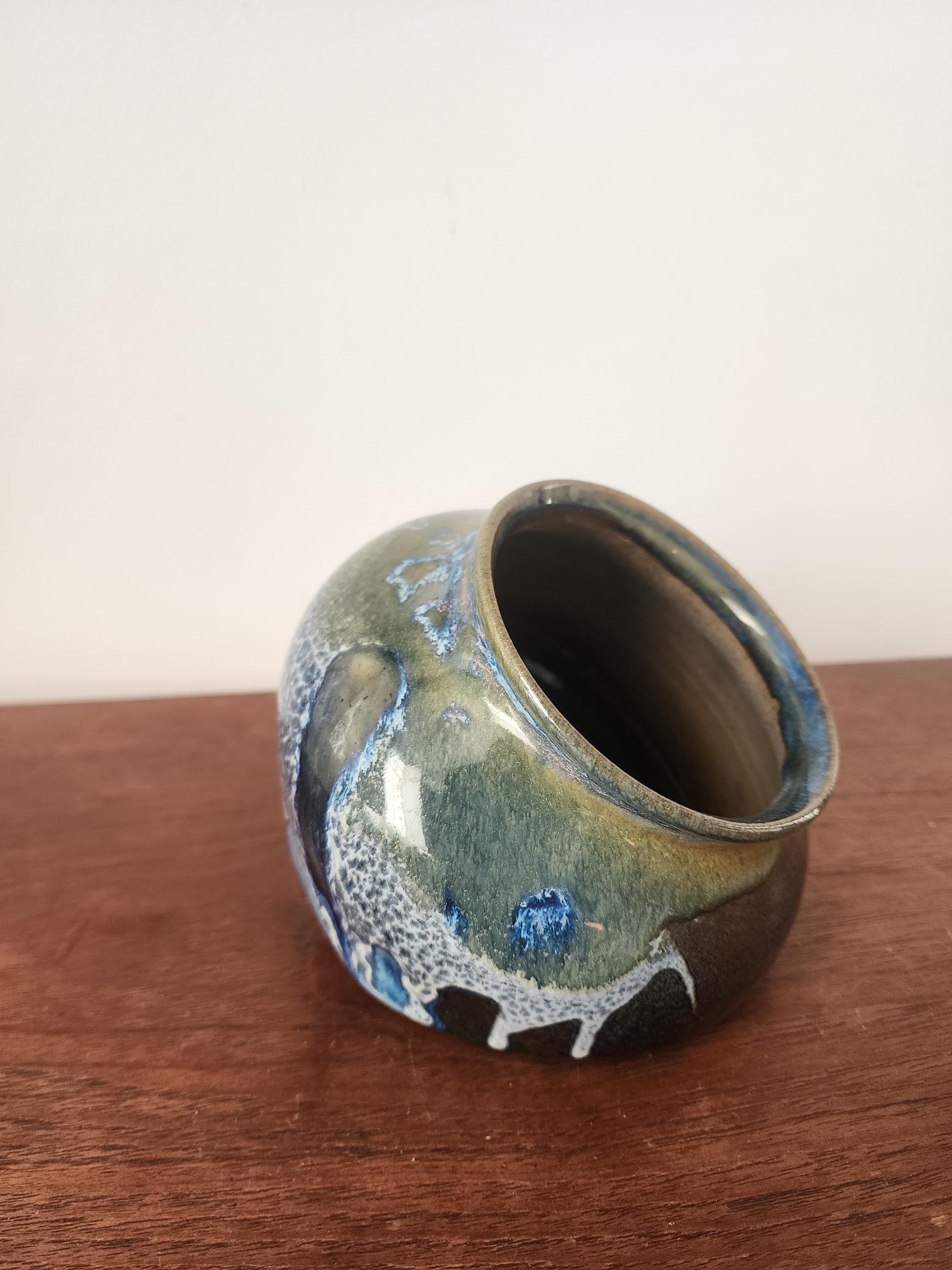 Vintage Studio Pottery Salt Container, Blue Green Drip Glaze Ceramic Vessel, Handmade Stoneware Salt Cellar, Mid Century Decor