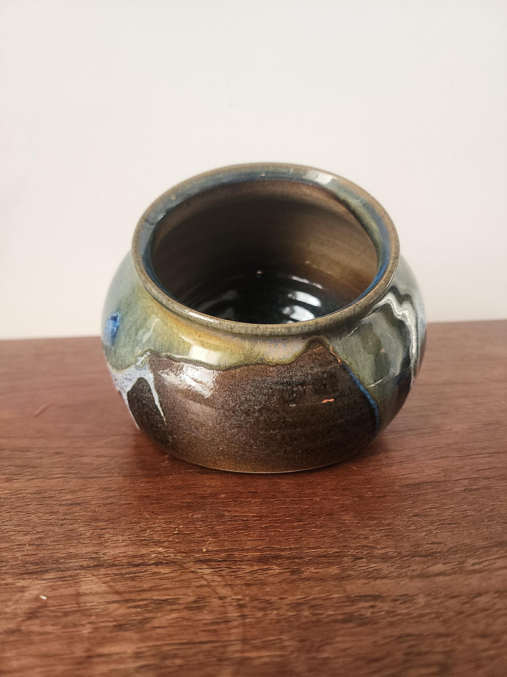 Vintage Studio Pottery Salt Container, Blue Green Drip Glaze Ceramic Vessel, Handmade Stoneware Salt Cellar, Mid Century Decor