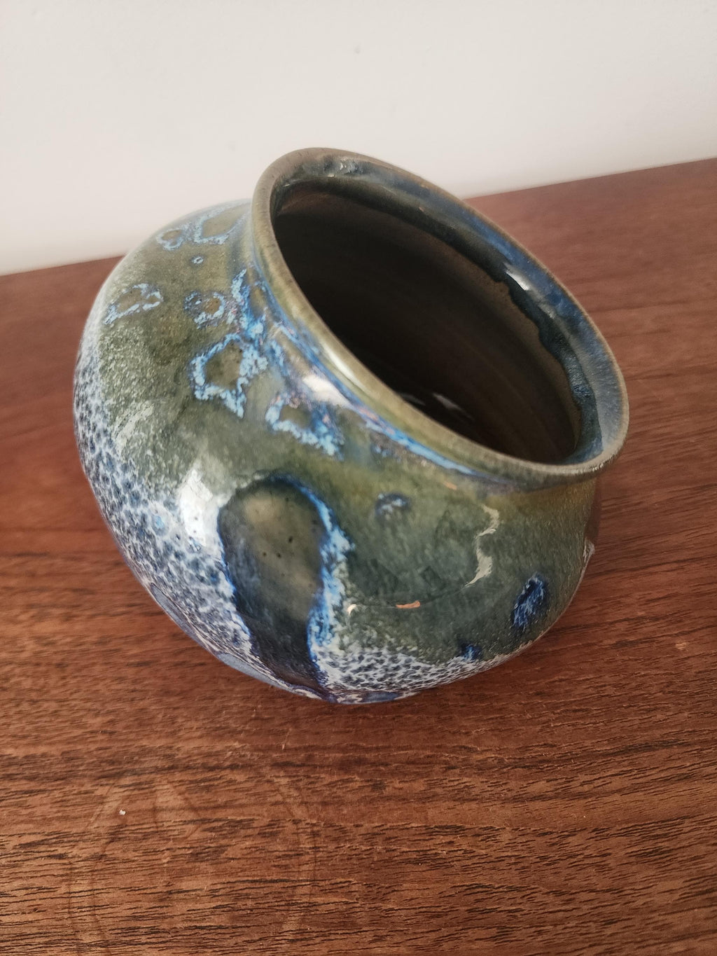 Vintage Studio Pottery Salt Container, Blue Green Drip Glaze Ceramic Vessel, Handmade Stoneware Salt Cellar, Mid Century Decor