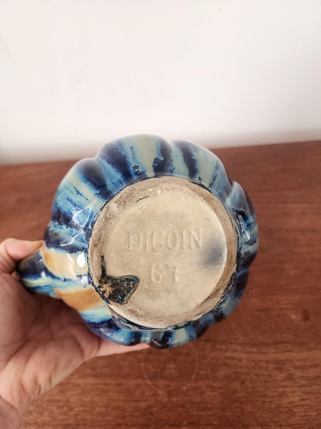 Vintage Digoin Studio Pottery Jug Vase, Signed 1967 Ceramic Pitcher, Blue Brown Drip Glaze Stoneware, Mid Century Decor