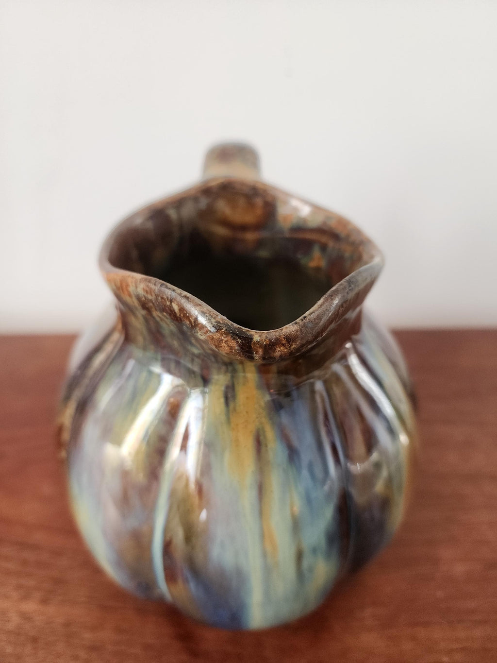 Vintage Digoin Studio Pottery Jug Vase, Signed 1967 Ceramic Pitcher, Blue Brown Drip Glaze Stoneware, Mid Century Decor