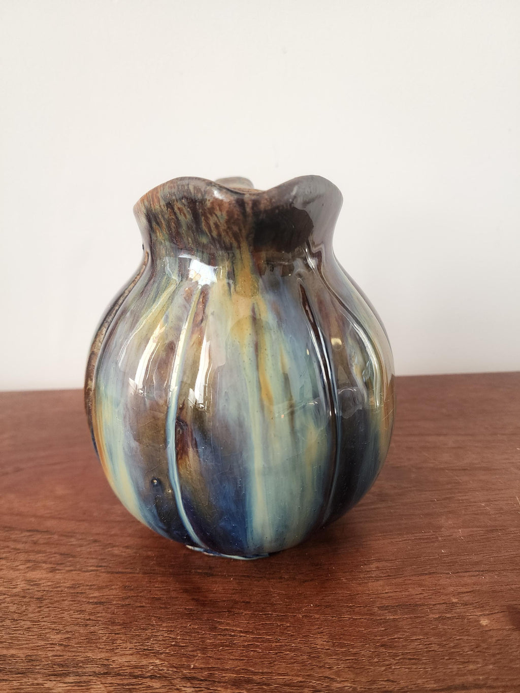 Vintage Digoin Studio Pottery Jug Vase, Signed 1967 Ceramic Pitcher, Blue Brown Drip Glaze Stoneware, Mid Century Decor