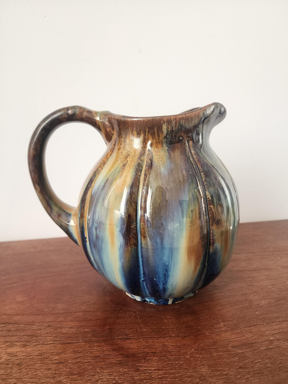 Vintage Digoin Studio Pottery Jug Vase, Signed 1967 Ceramic Pitcher, Blue Brown Drip Glaze Stoneware, Mid Century Decor