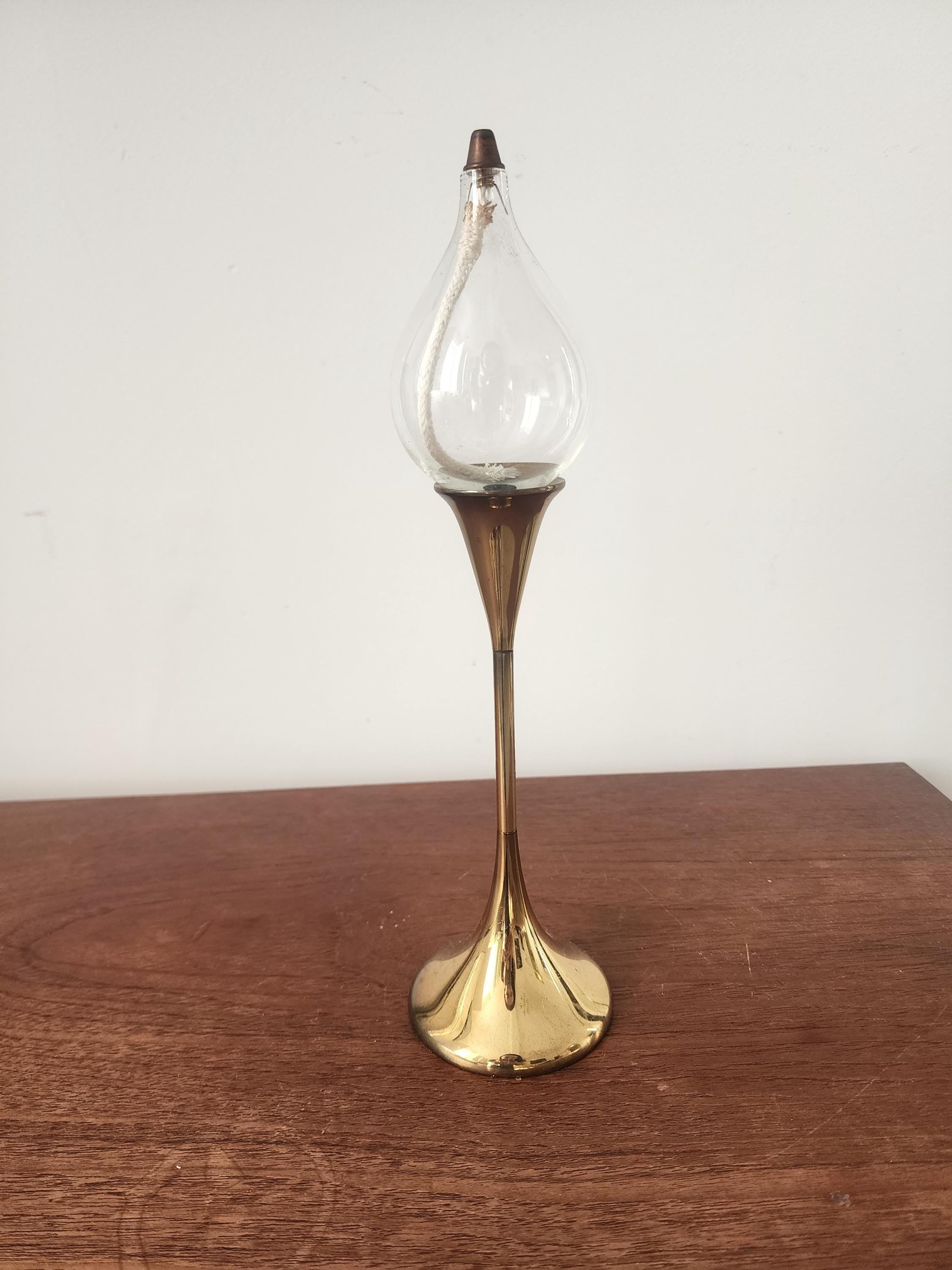 Vintage 1970s German Brass Oil Lamp, Freddie Anderson Design, Patented Glass Wick Lamp, Mid Century European Decor