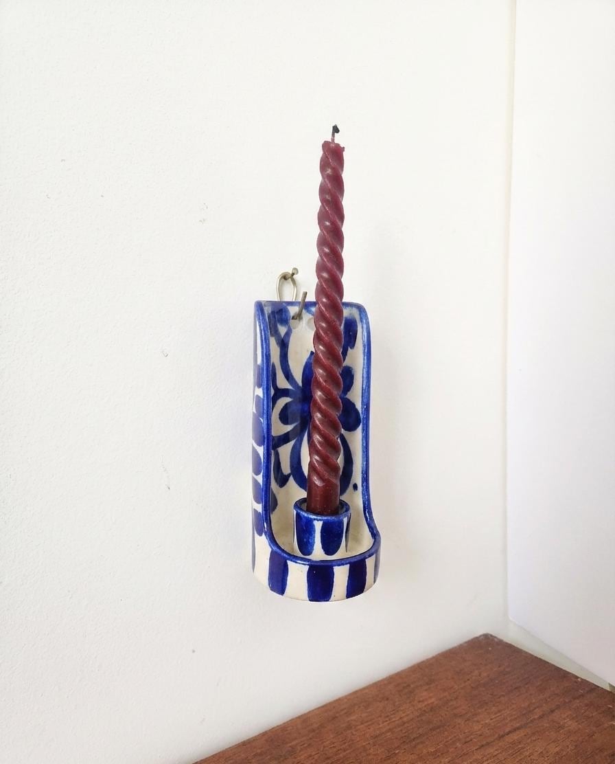 Blue and White Talavera Wall Candle Holder, Hand Painted Ceramic Sconce, Spanish Pottery Candle Holder, Mediterranean Decor