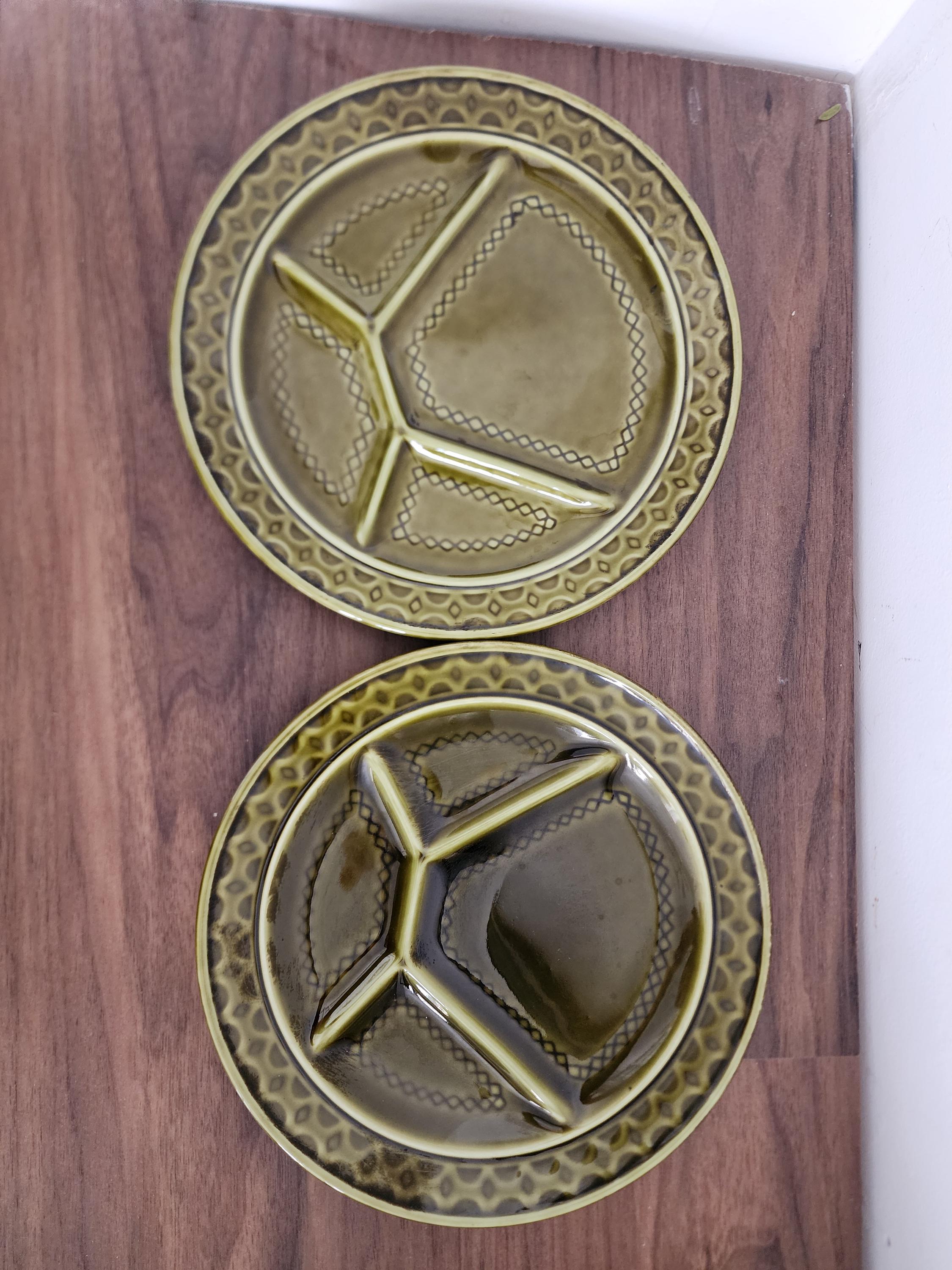 Set of 3 Sarreguemines Plates, French Porcelaine Pyroblan, Olive Green Mid Century Divided Dinner Plates, Vintage French Pottery
