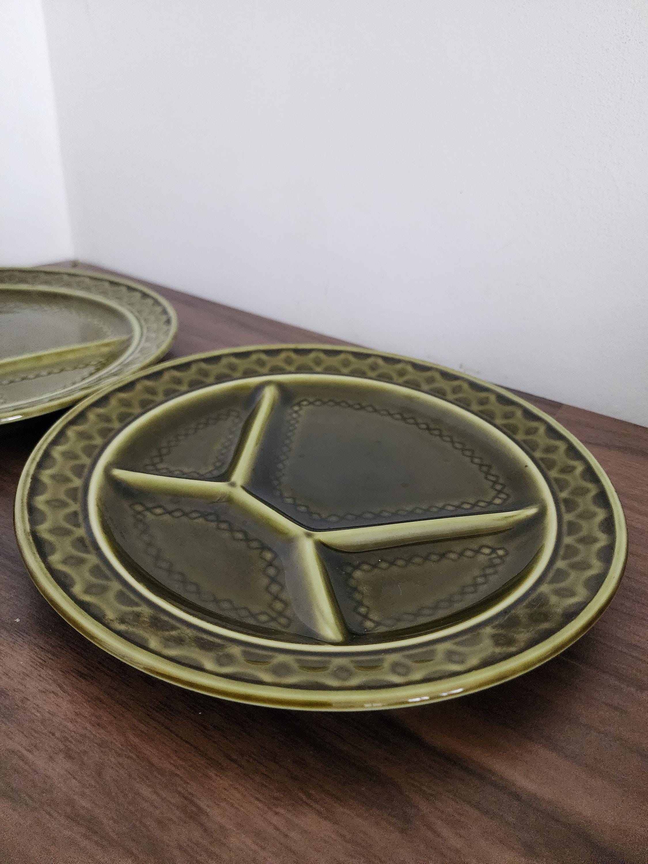 Set of 3 Sarreguemines Plates, French Porcelaine Pyroblan, Olive Green Mid Century Divided Dinner Plates, Vintage French Pottery