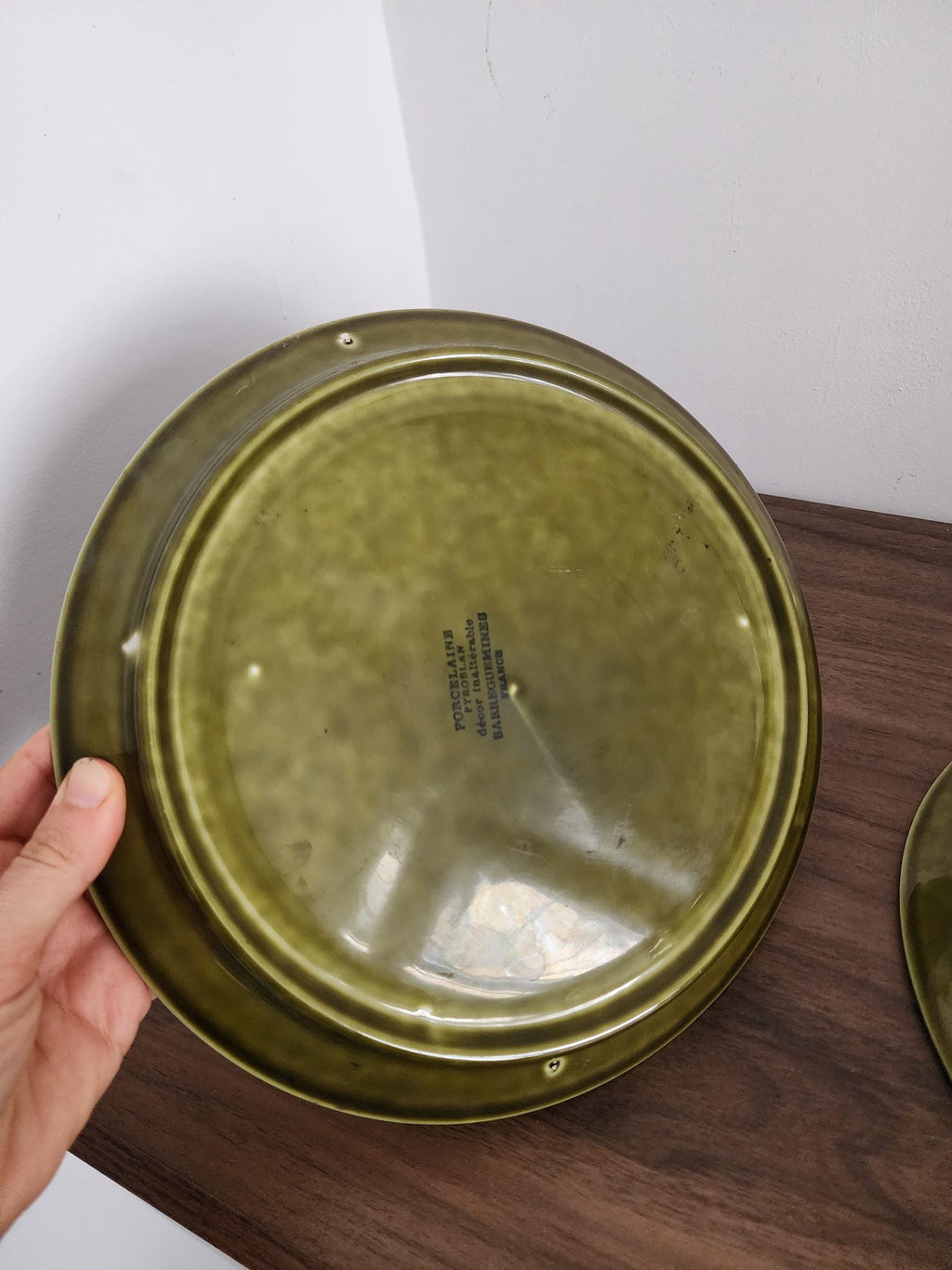 Set of 3 Sarreguemines Plates, French Porcelaine Pyroblan, Olive Green Mid Century Divided Dinner Plates, Vintage French Pottery
