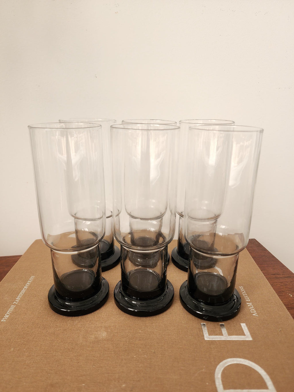 Set of 6 Clear and Black Base Glasses, Mid Century Modern Heavy Tumblers, Vintage French Barware, Minimalist Cocktail Glass Set