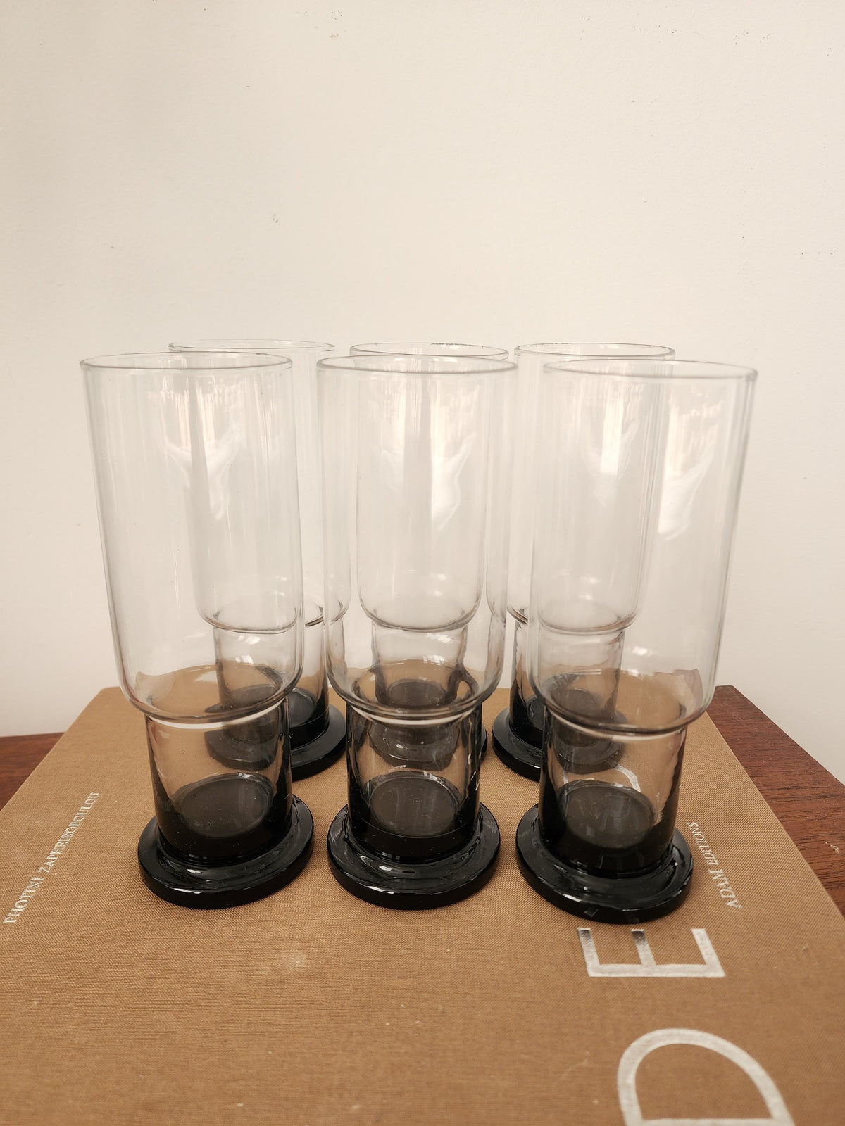 Set of 6 Clear and Black Base Glasses, Mid Century Modern Heavy Tumblers, Vintage French Barware, Minimalist Cocktail Glass Set