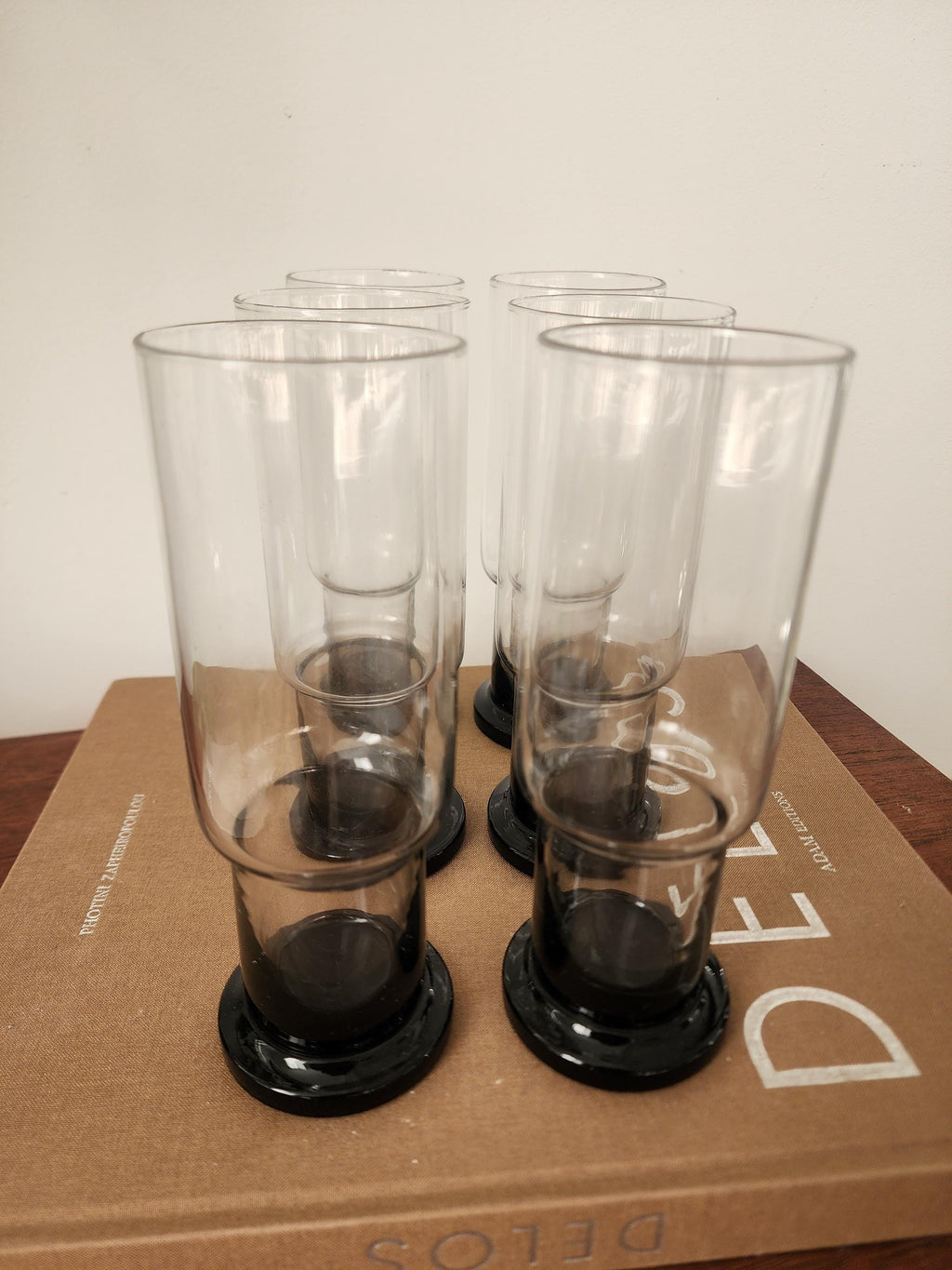 Set of 6 Clear and Black Base Glasses, Mid Century Modern Heavy Tumblers, Vintage French Barware, Minimalist Cocktail Glass Set
