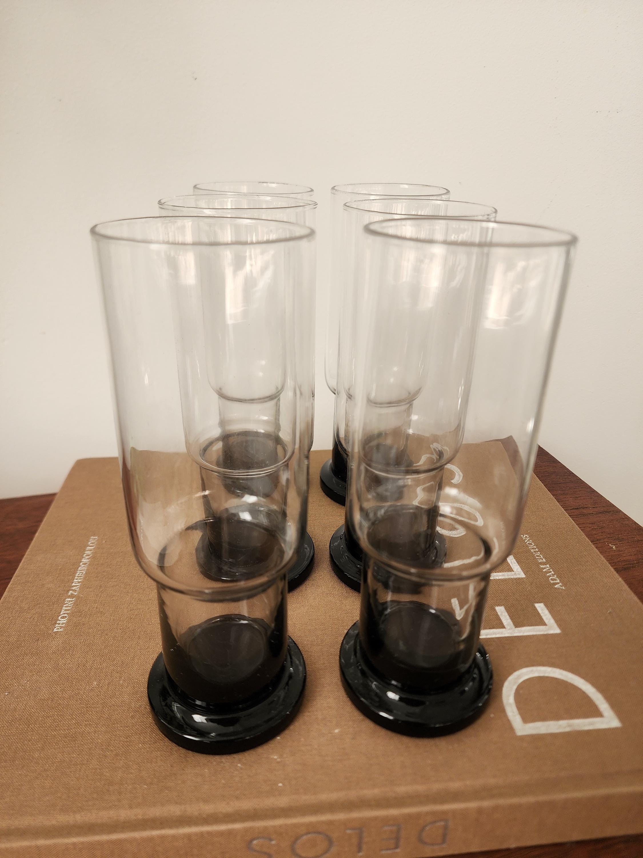 Set of 6 Clear and Black Base Glasses, Mid Century Modern Heavy Tumblers, Vintage French Barware, Minimalist Cocktail Glass Set