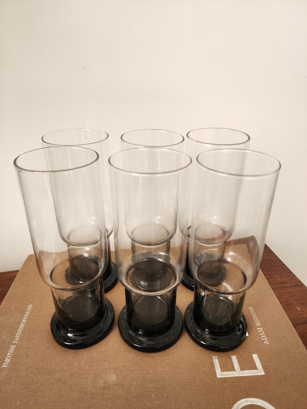 Set of 6 Clear and Black Base Glasses, Mid Century Modern Heavy Tumblers, Vintage French Barware, Minimalist Cocktail Glass Set