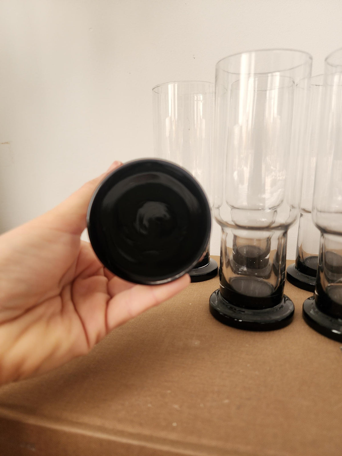 Set of 6 Clear and Black Base Glasses, Mid Century Modern Heavy Tumblers, Vintage French Barware, Minimalist Cocktail Glass Set