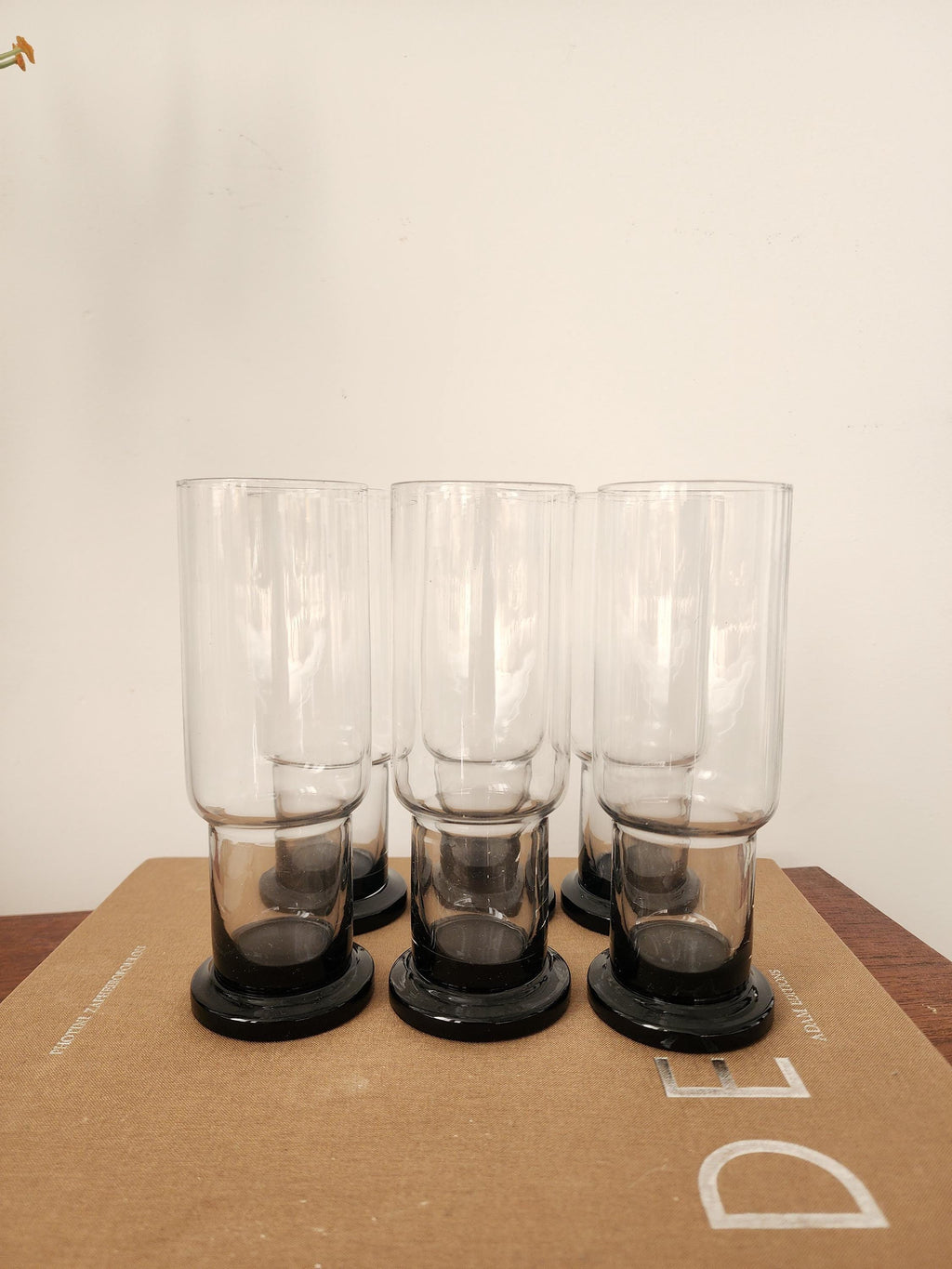 Vintage Set of 6 Clear and Black Base Glasses