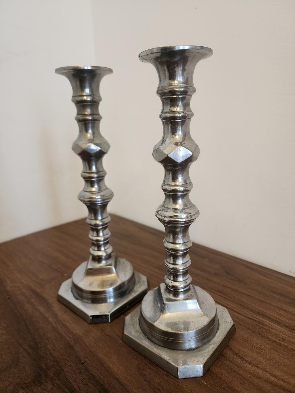 Pair of Vintage Silver Metal Candlesticks, Octagonal Base Candle Holders, Classic Georgian Revival Style, Elegant Table Decor