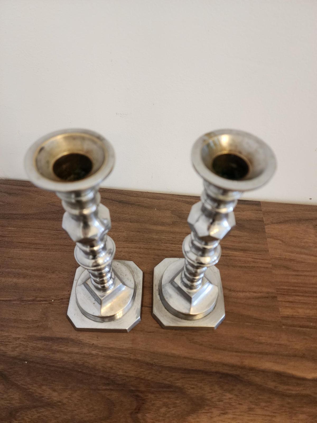 Pair of Vintage Silver Metal Candlesticks, Octagonal Base Candle Holders, Classic Georgian Revival Style, Elegant Table Decor