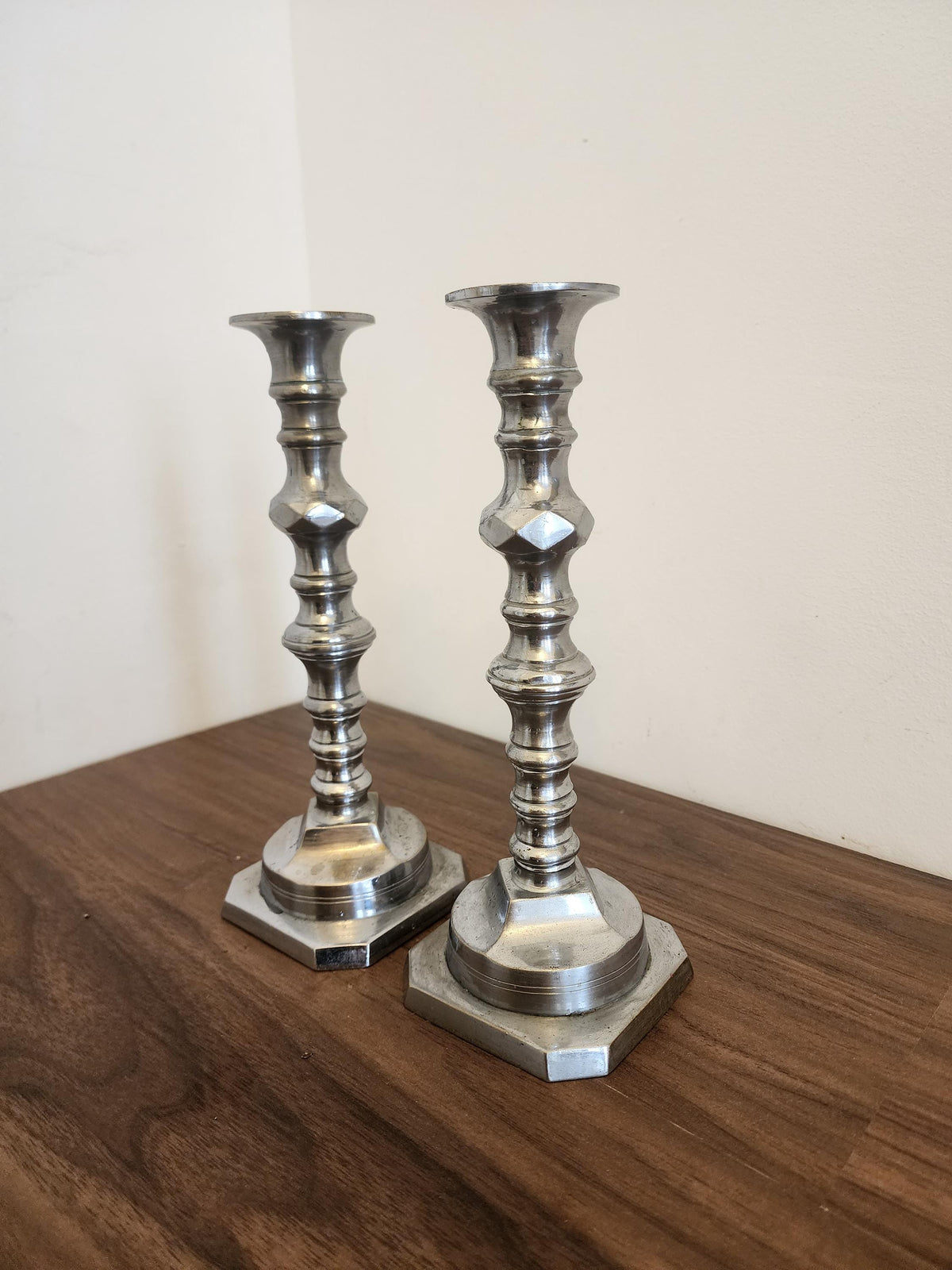 Pair of Vintage Silver Metal Candlesticks, Octagonal Base Candle Holders, Classic Georgian Revival Style, Elegant Table Decor