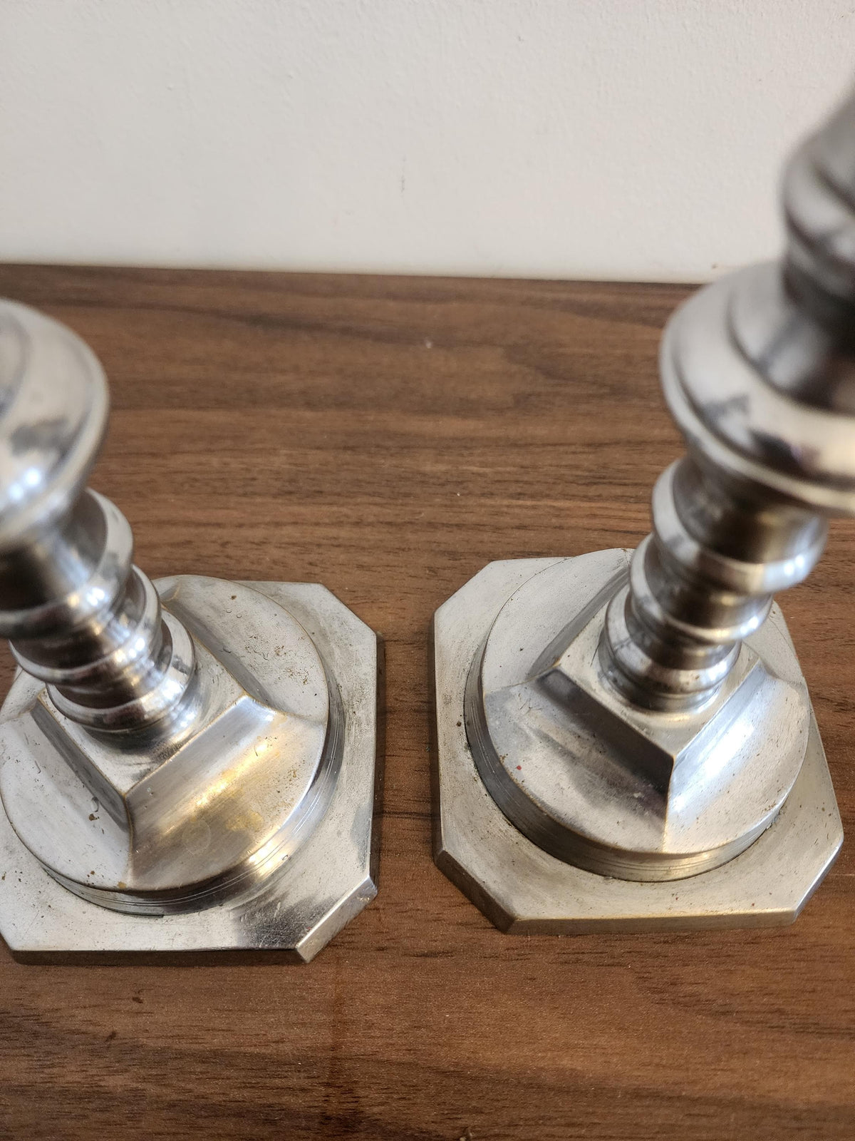 Pair of Vintage Silver Metal Candlesticks, Octagonal Base Candle Holders, Classic Georgian Revival Style, Elegant Table Decor