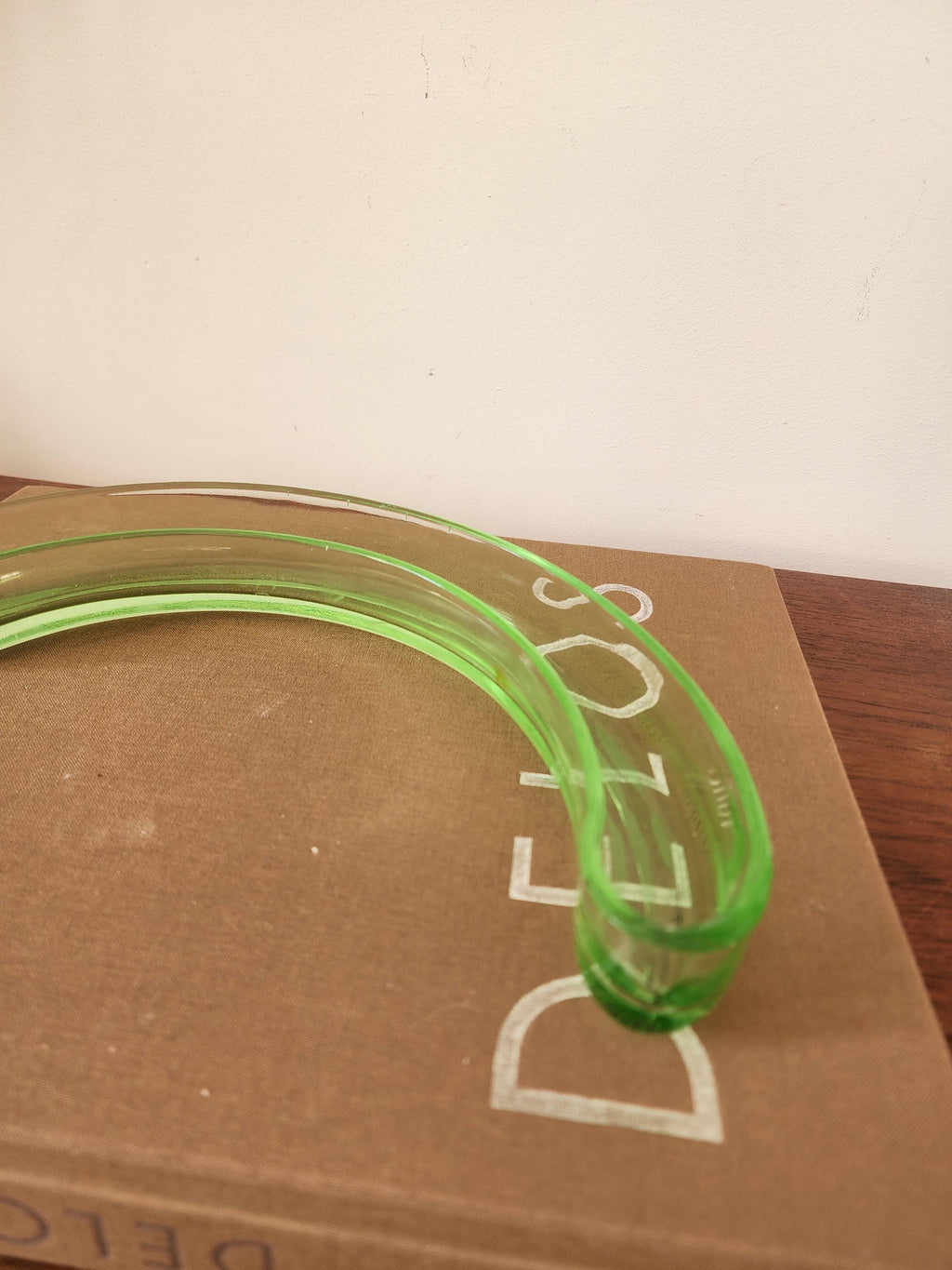 Vintage Green Glass Crescent Olive Dish, Mid Century Curved Glass Bowl, Retro Serving Tray, Art Deco Tableware