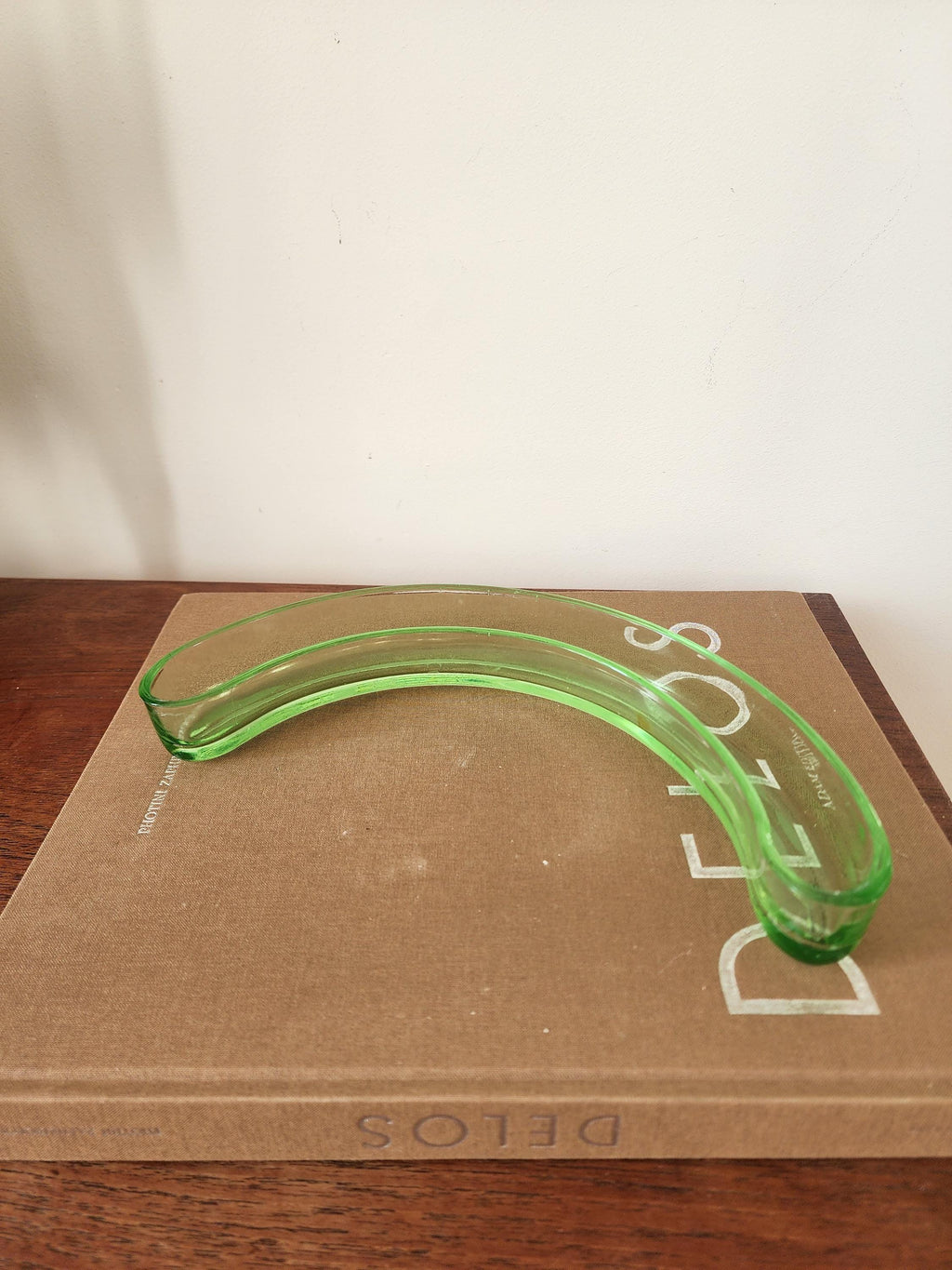Vintage Green Glass Crescent Olive Dish, Mid Century Curved Glass Bowl, Retro Serving Tray, Art Deco Tableware