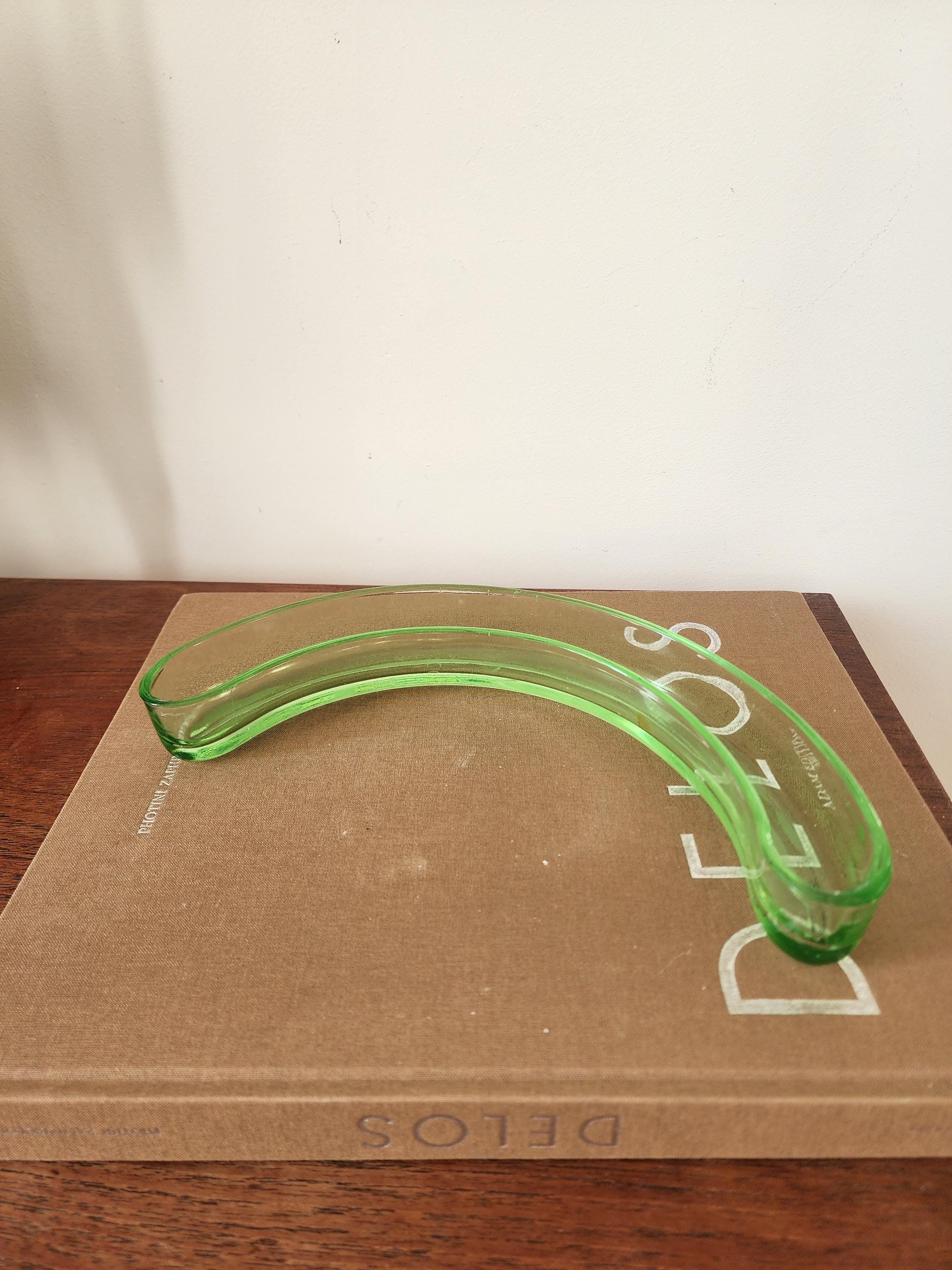 Vintage Green Glass Crescent Olive Dish, Mid Century Curved Glass Bowl, Retro Serving Tray, Art Deco Tableware