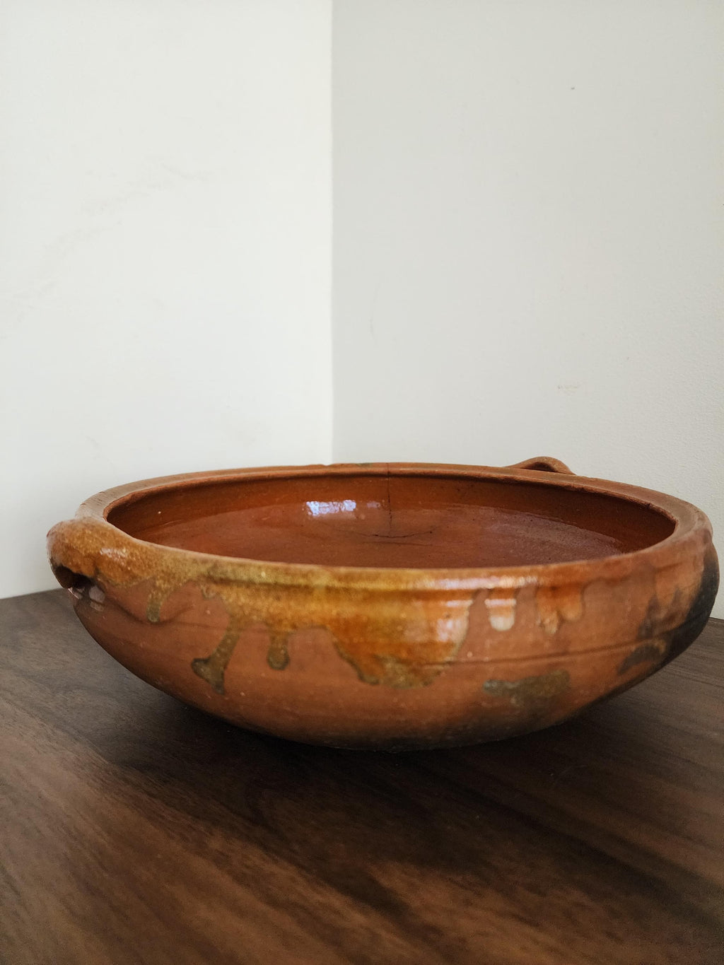 Vintage Terracotta Clay Bowl with Handles, Handcrafted Glazed Casserole Dish, Rustic Spanish Earthenware Pot