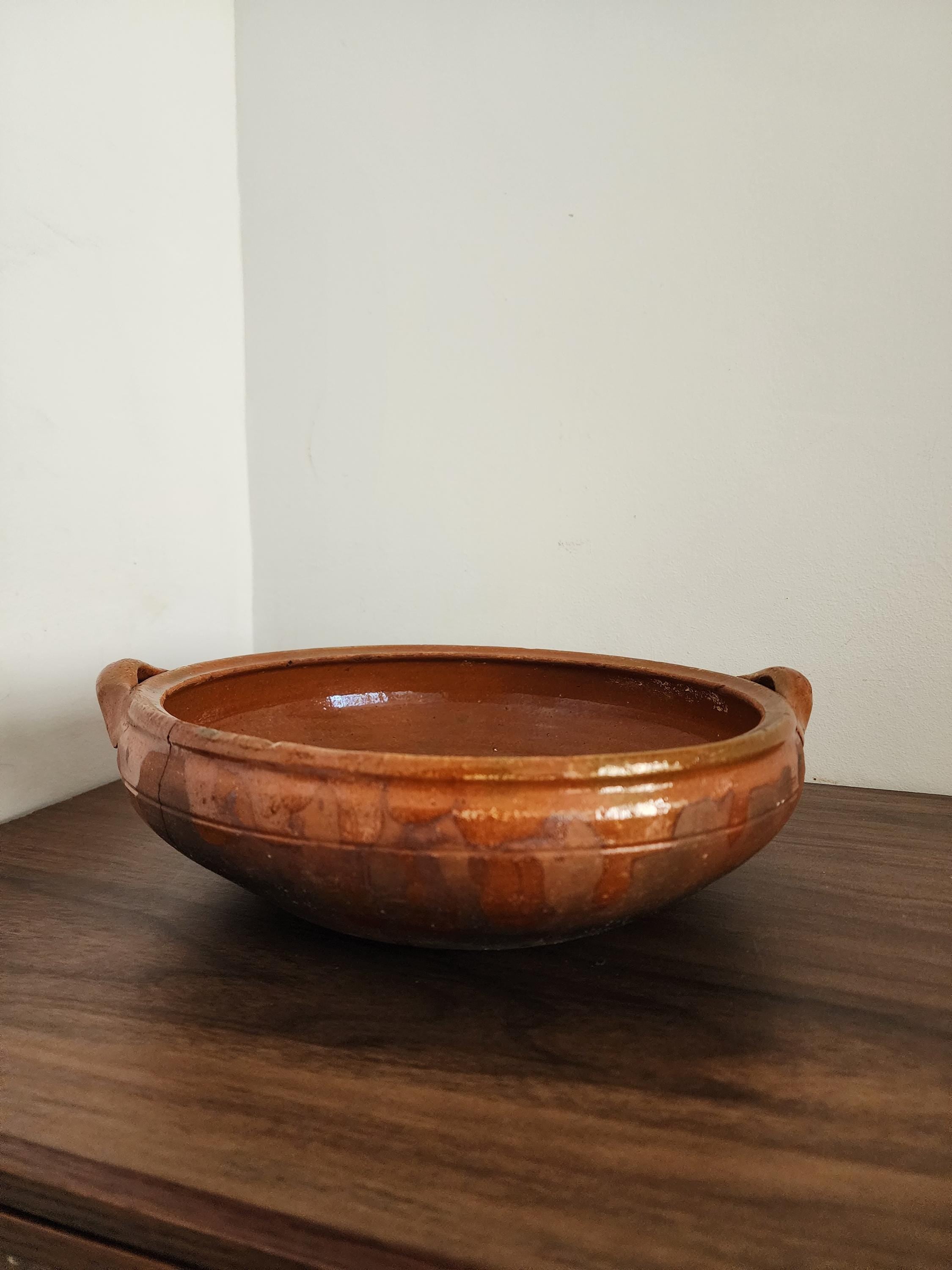 Vintage Terracotta Clay Bowl with Handles, Handcrafted Glazed Casserole Dish, Rustic Spanish Earthenware Pot