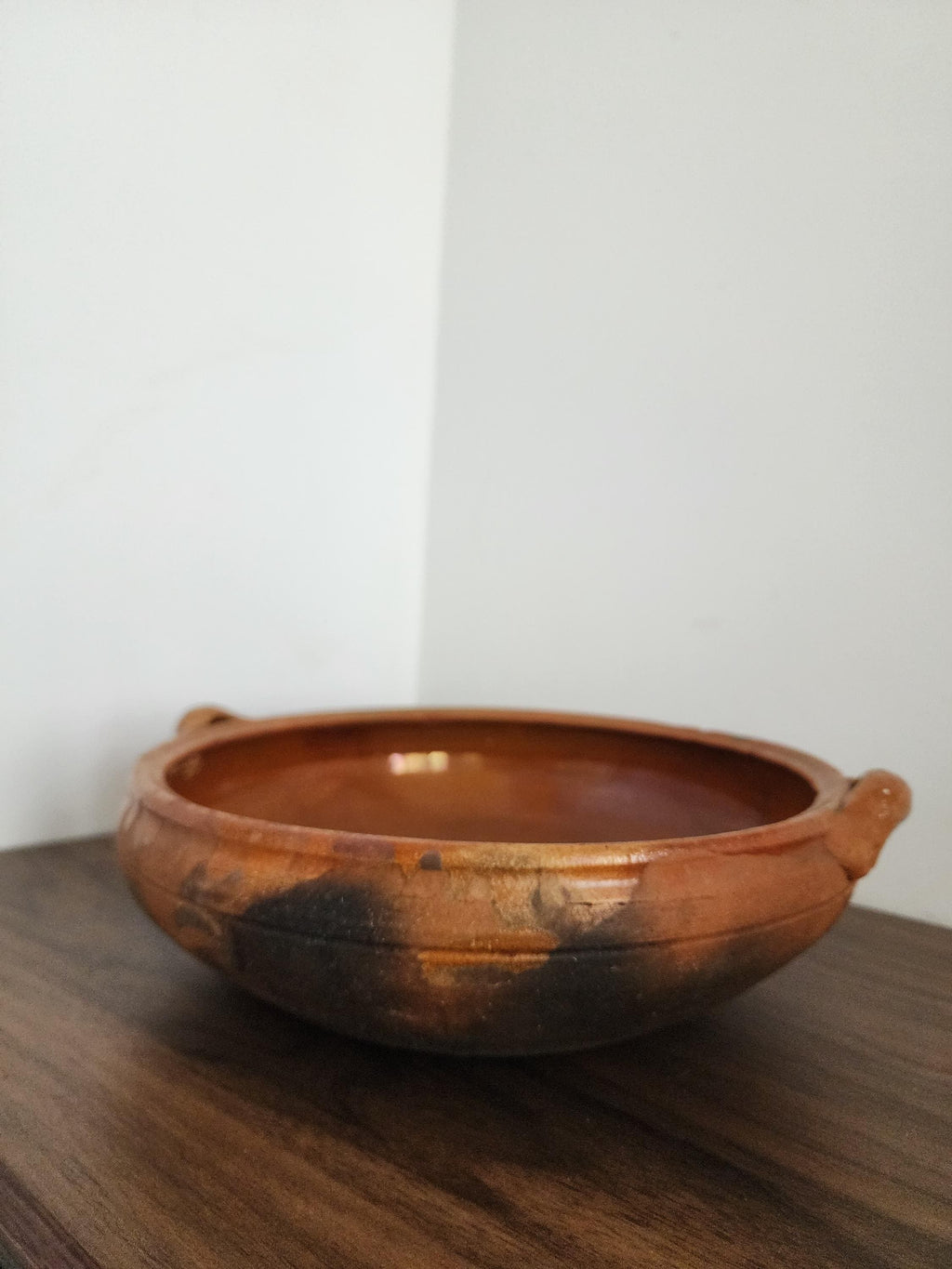 Vintage Terracotta Clay Bowl with Handles, Handcrafted Glazed Casserole Dish, Rustic Spanish Earthenware Pot