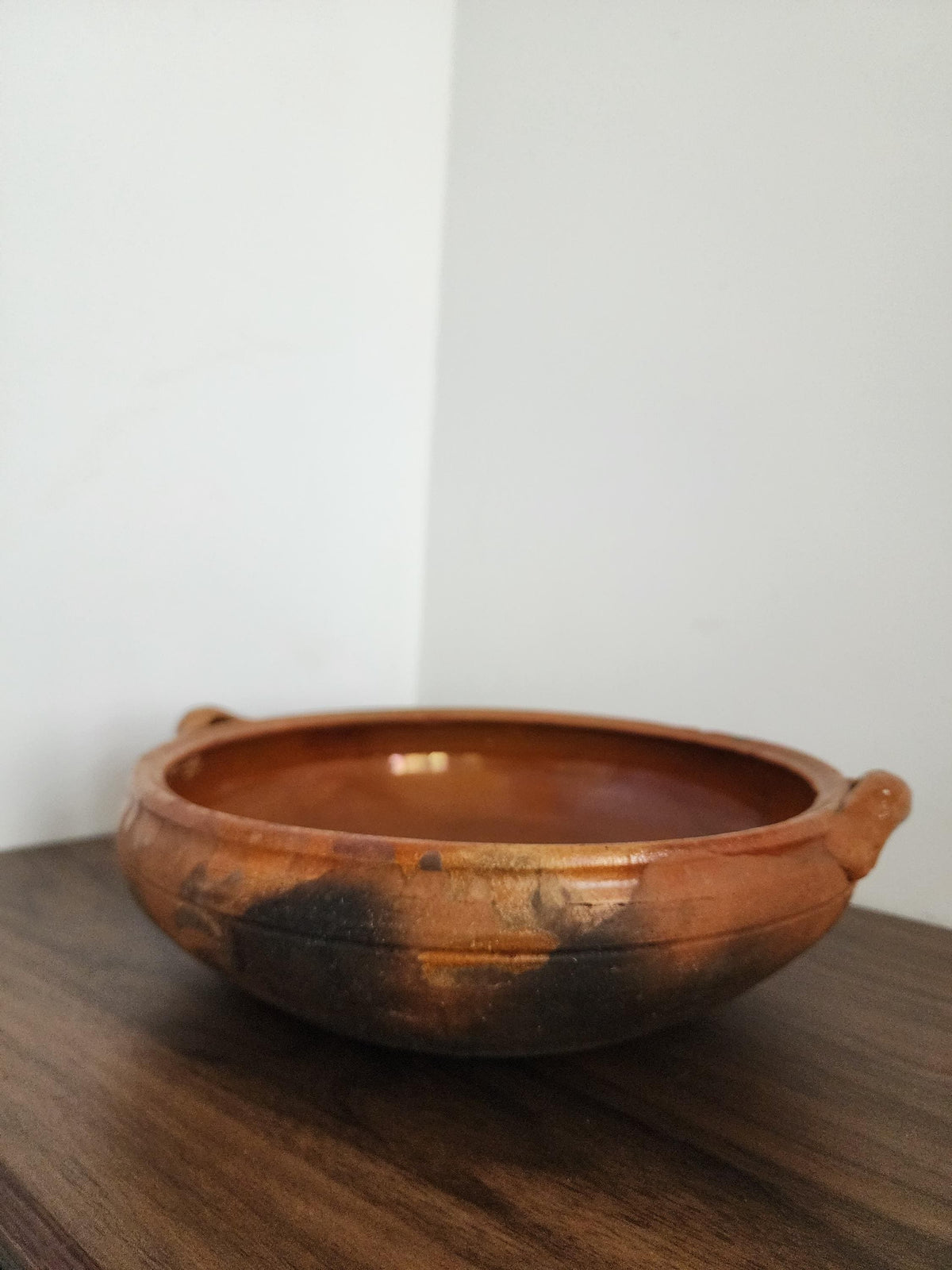 Vintage Terracotta Clay Bowl with Handles, Handcrafted Glazed Casserole Dish, Rustic Spanish Earthenware Pot